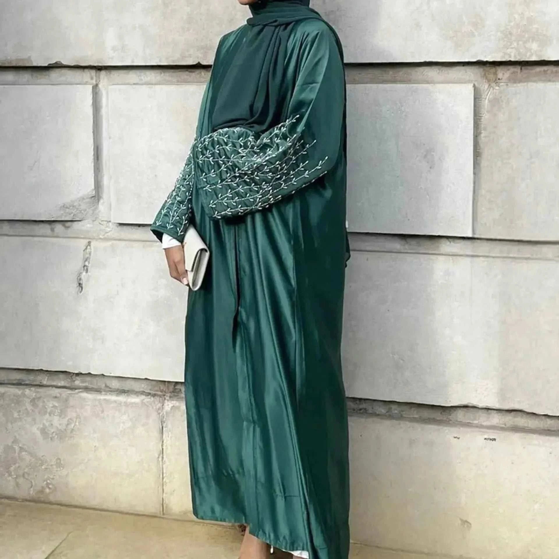 Handmade Beaded Abaya Cardigan – Luxury Satin Open Abaya -  Black with Hijab / XL -  Abaya Vida