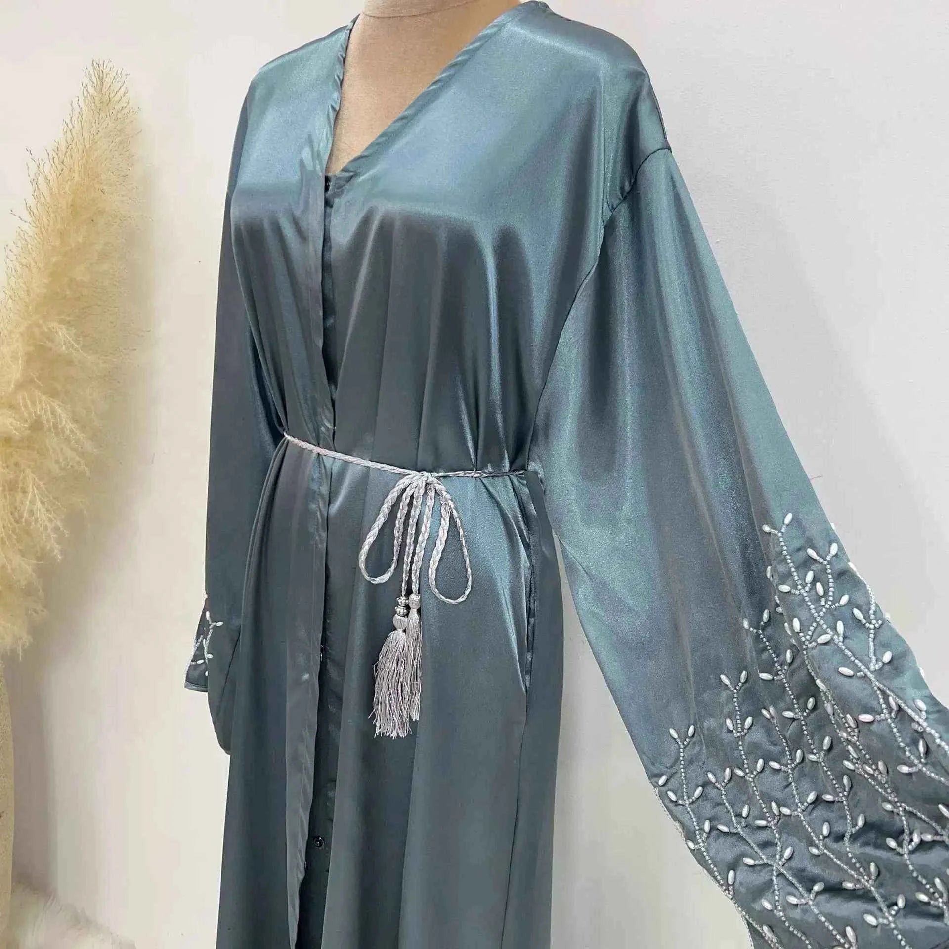 Handmade Beaded Abaya Cardigan – Luxury Satin Open Abaya -  Black with Hijab / XL -  Abaya Vida