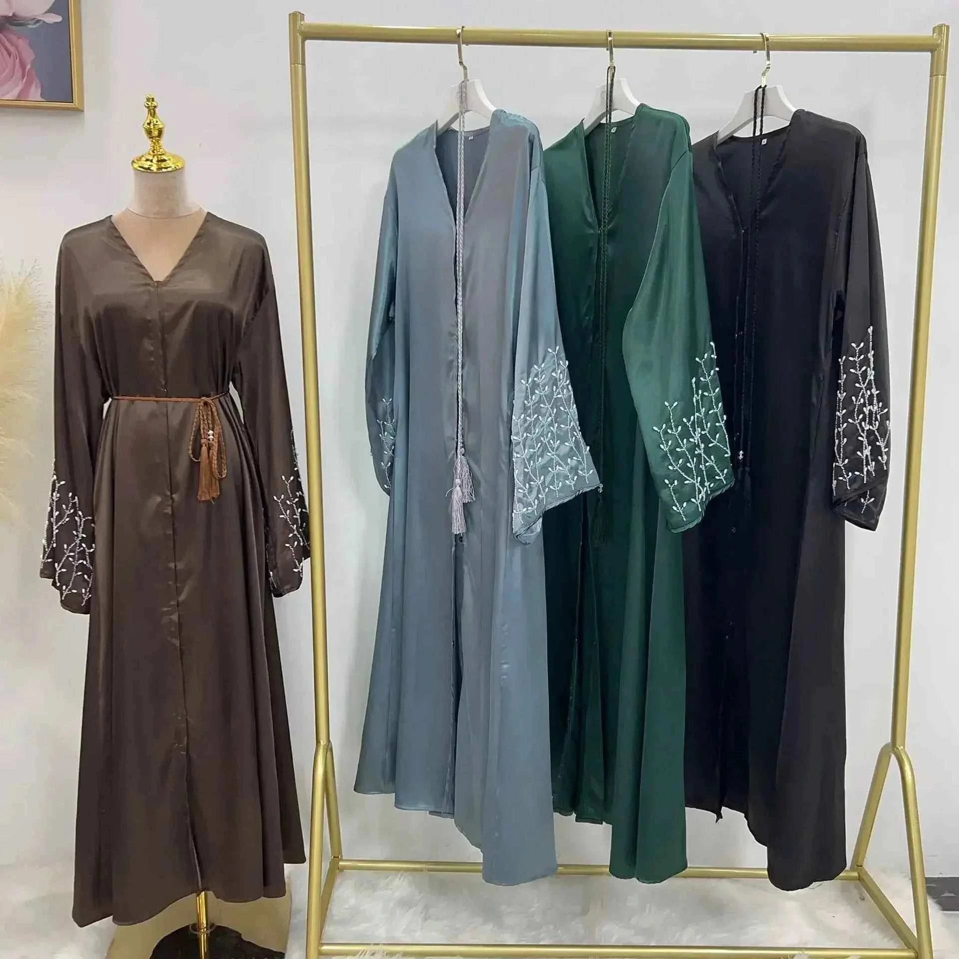 Handmade Beaded Abaya Cardigan – Luxury Satin Open Abaya -  Black with Hijab / XL -  Abaya Vida
