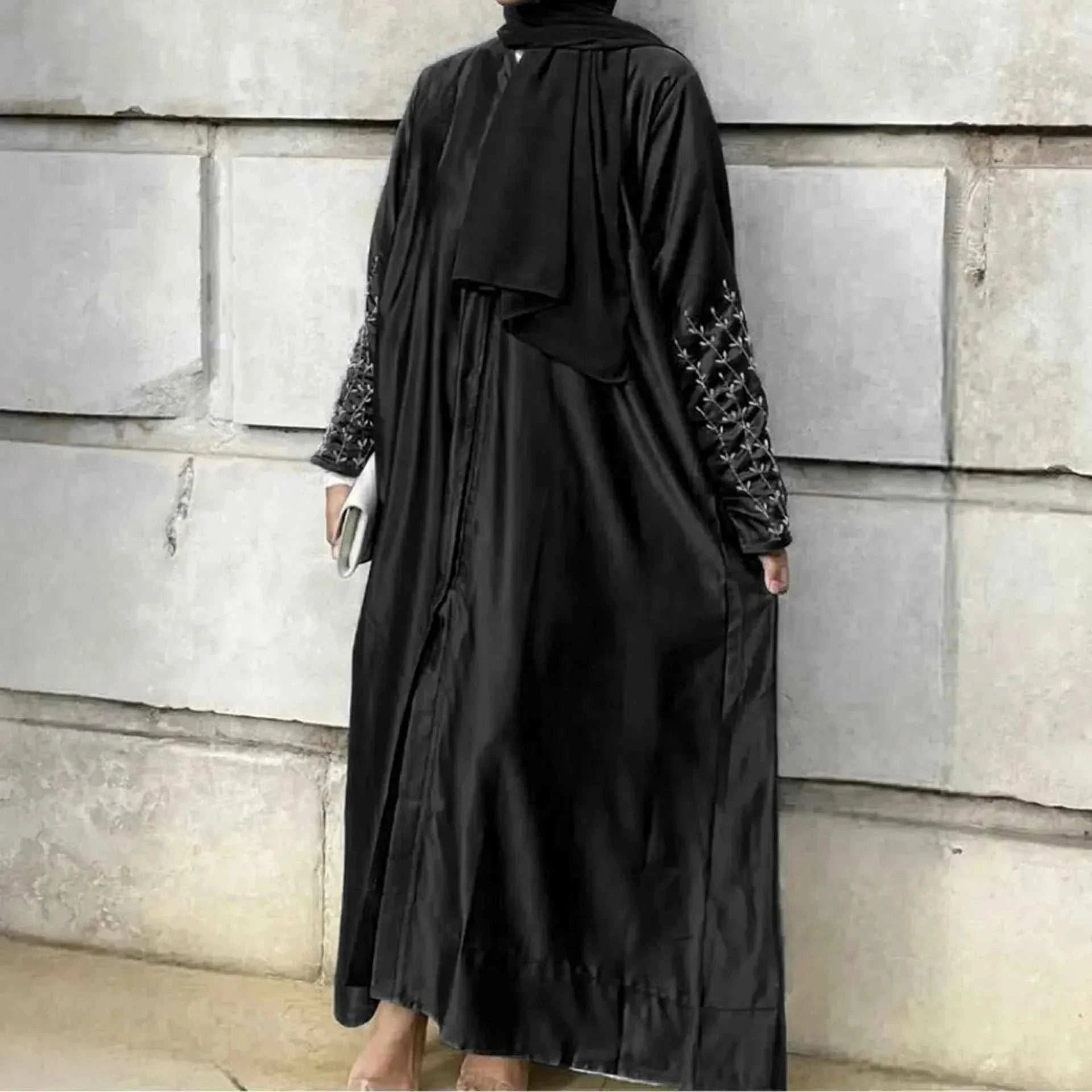 Handmade Beaded Abaya Cardigan – Luxury Satin Open Abaya -  Black with Hijab / XL -  Abaya Vida