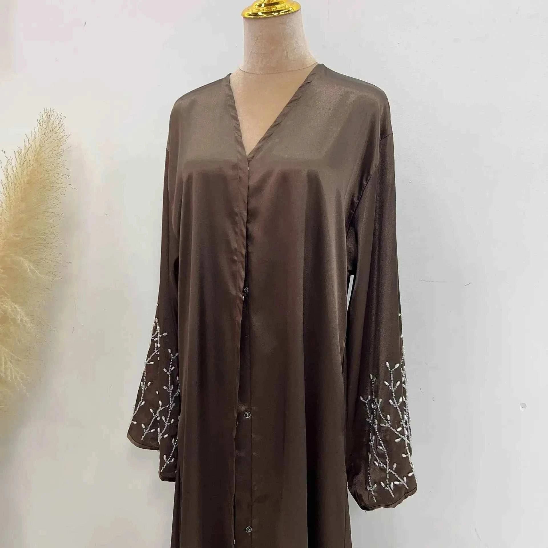 Handmade Beaded Abaya Cardigan – Luxury Satin Open Abaya -  Black with Hijab / XL -  Abaya Vida