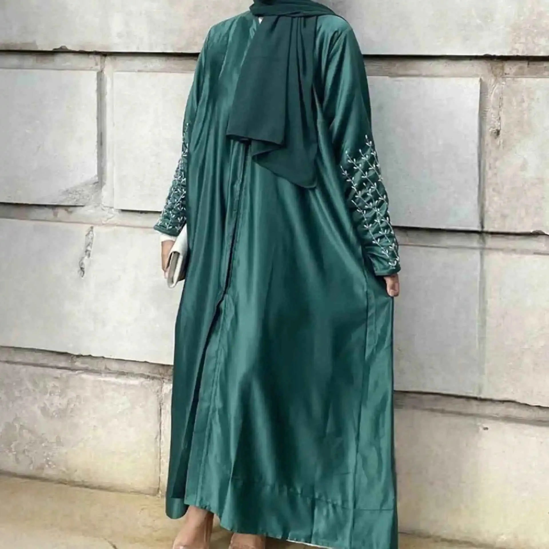Handmade Beaded Abaya Cardigan – Luxury Satin Open Abaya -  Black with Hijab / XL -  Abaya Vida