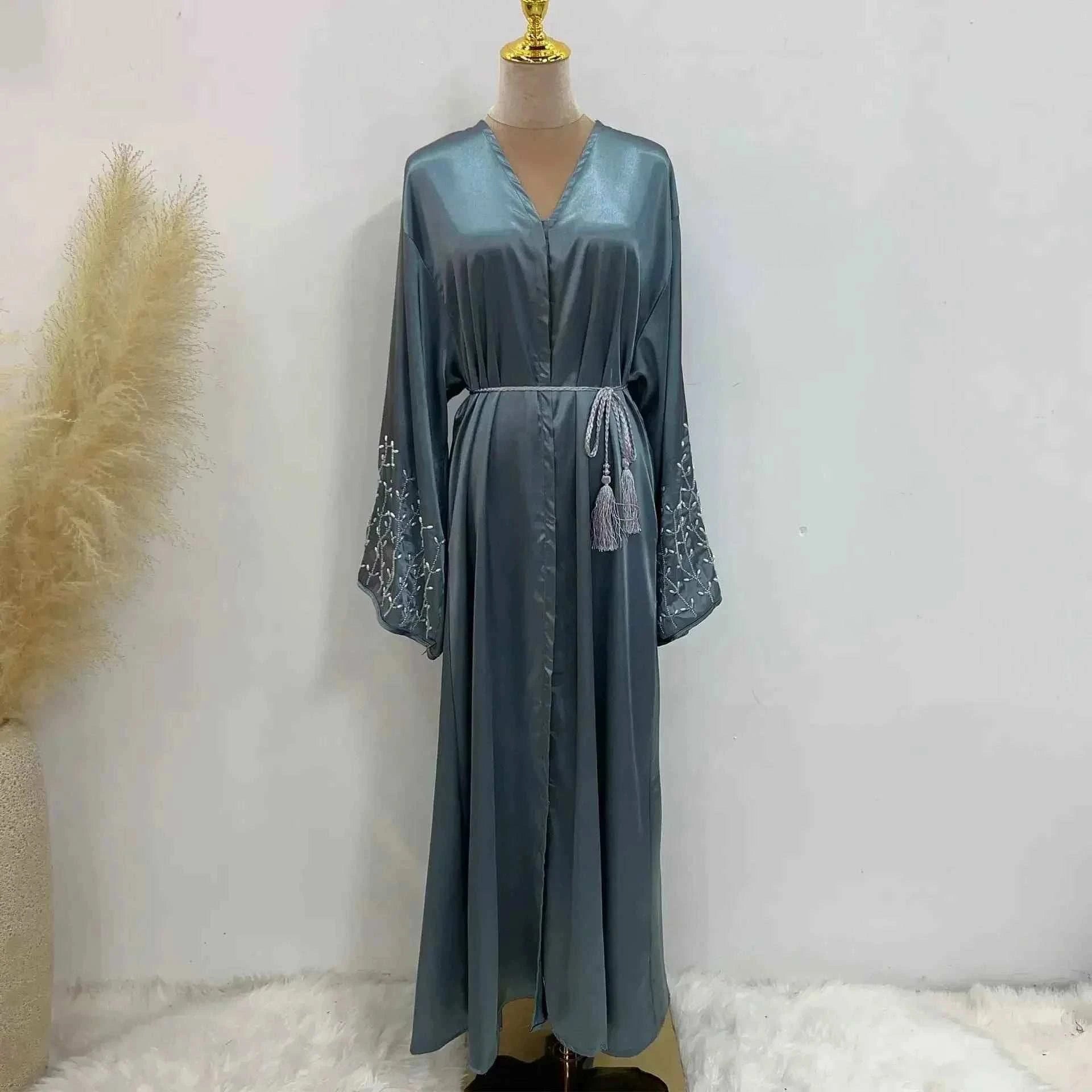Handmade Beaded Abaya Cardigan – Luxury Satin Open Abaya -  Black with Hijab / XL -  Abaya Vida