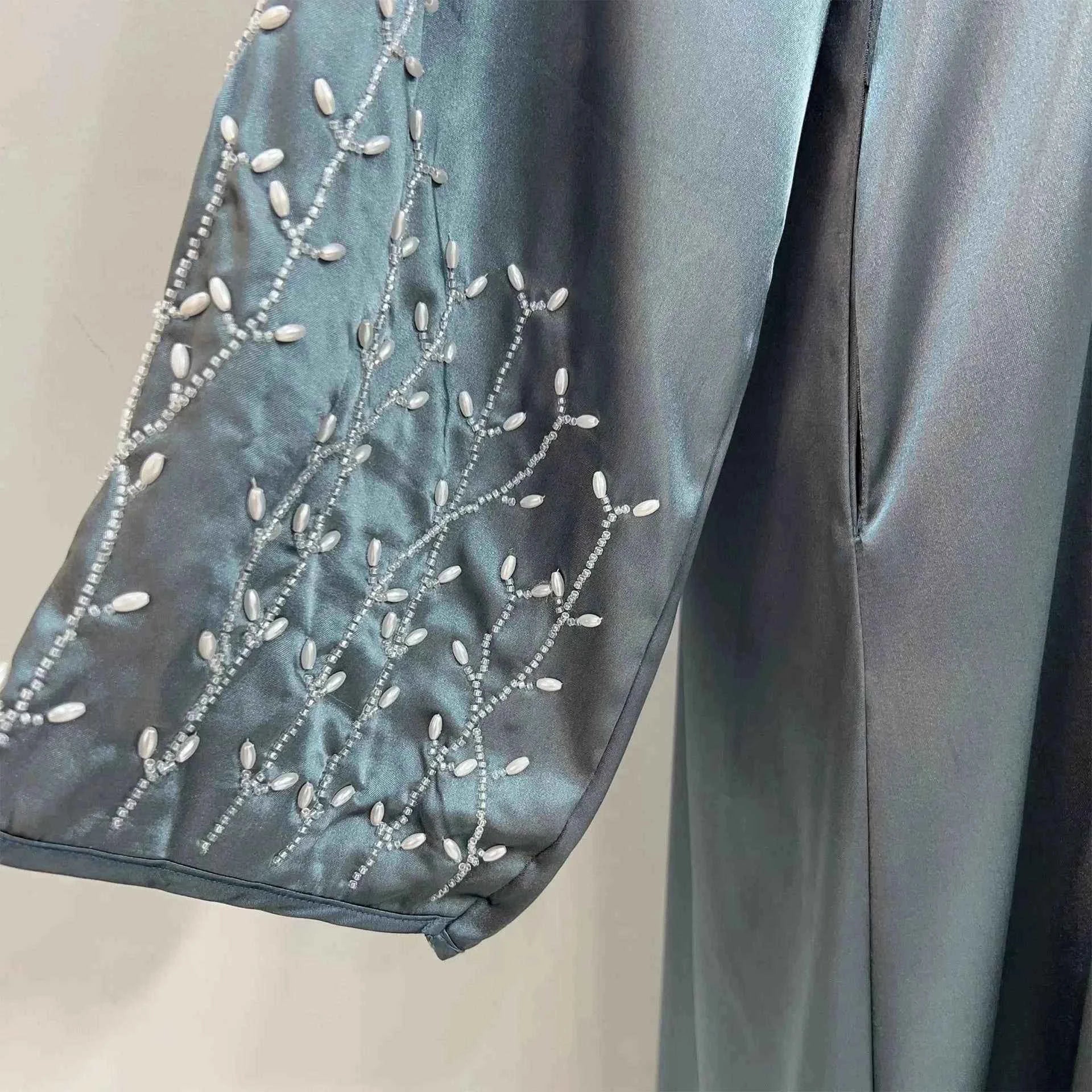 Handmade Beaded Abaya Cardigan – Luxury Satin Open Abaya -  Black with Hijab / XL -  Abaya Vida
