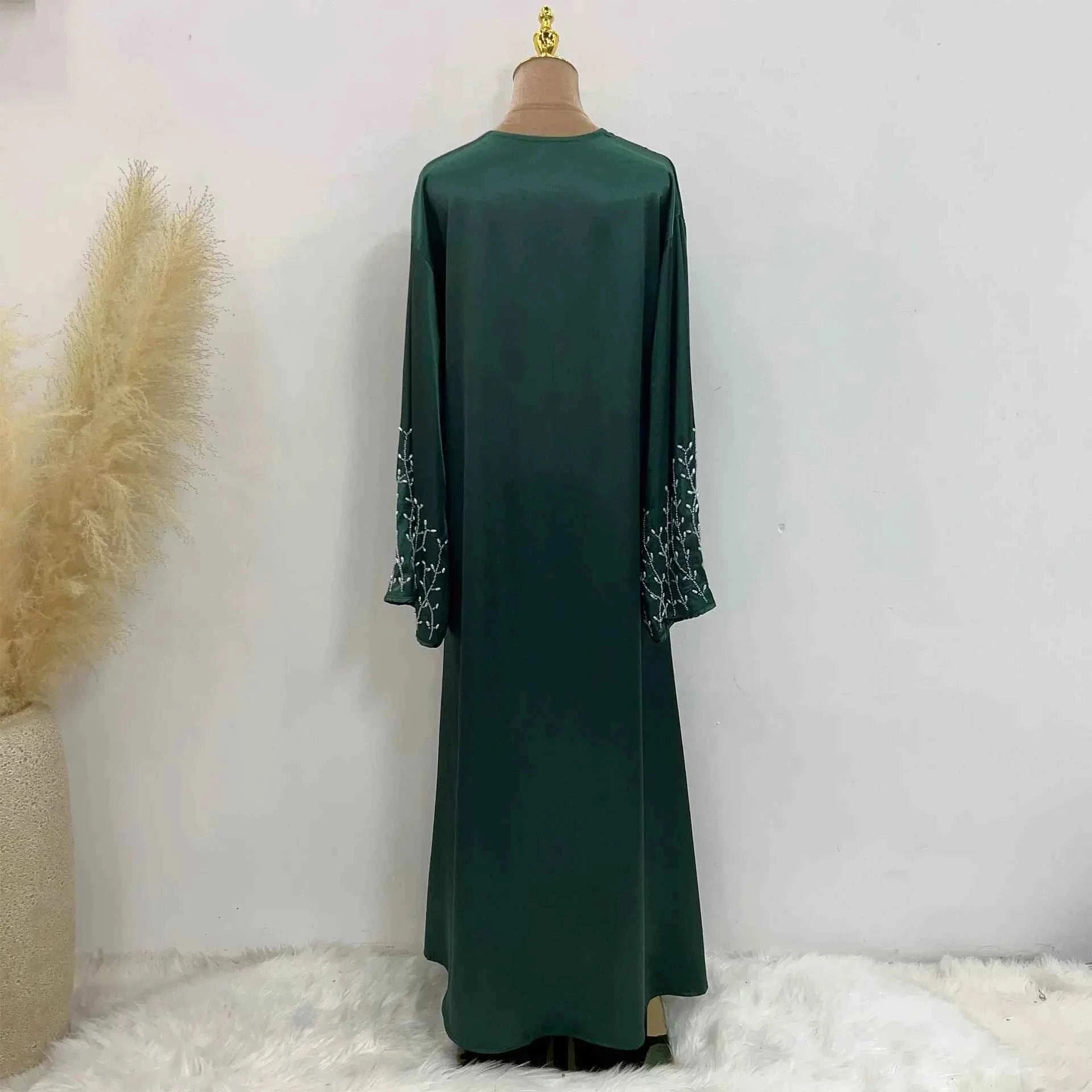 Handmade Beaded Abaya Cardigan – Luxury Satin Open Abaya -  Black with Hijab / XL -  Abaya Vida