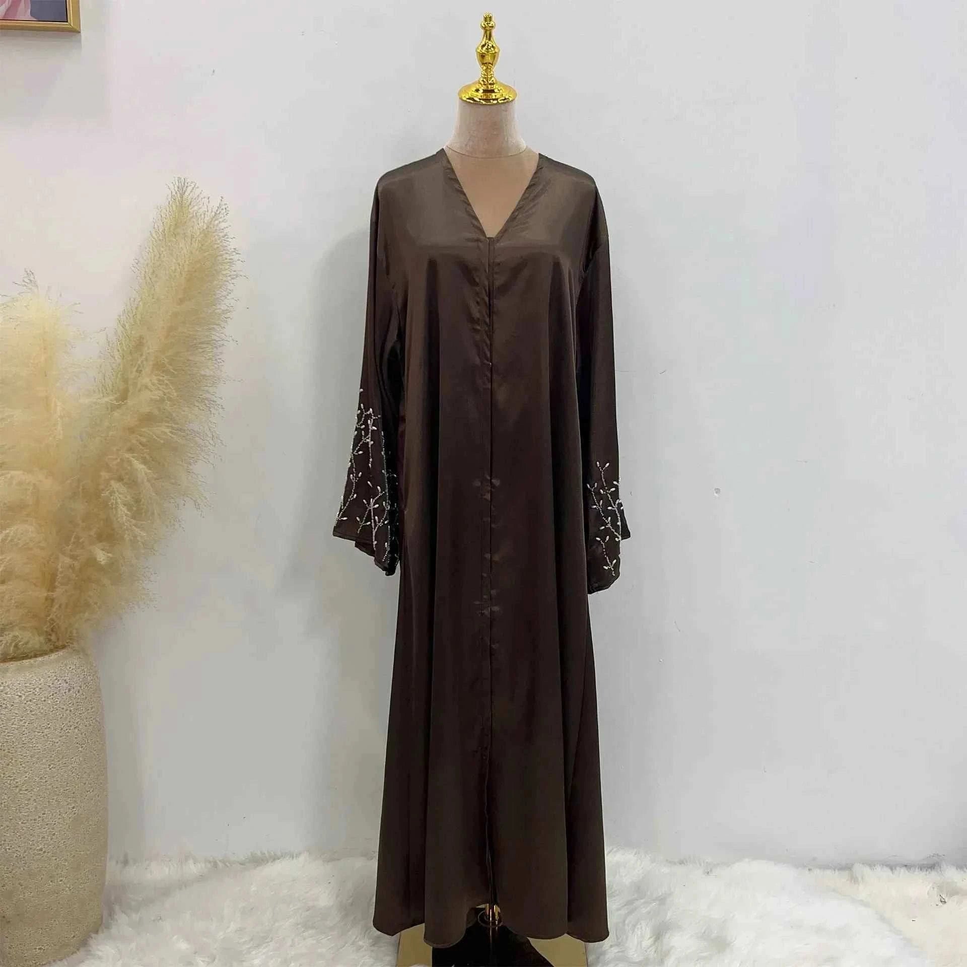 Handmade Beaded Abaya Cardigan – Luxury Satin Open Abaya -  Black with Hijab / XL -  Abaya Vida