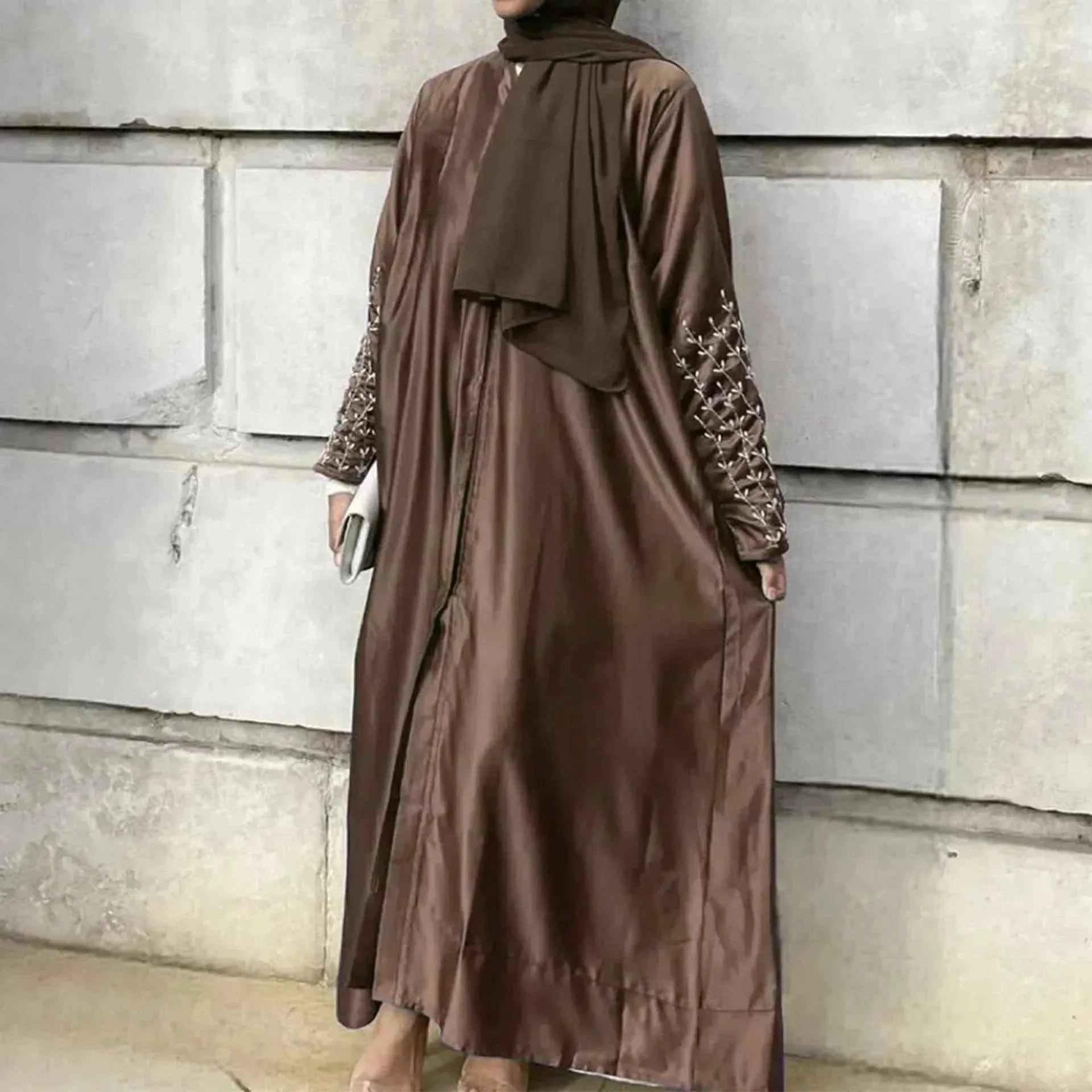 Handmade Beaded Abaya Cardigan – Luxury Satin Open Abaya -  Black with Hijab / XL -  Abaya Vida