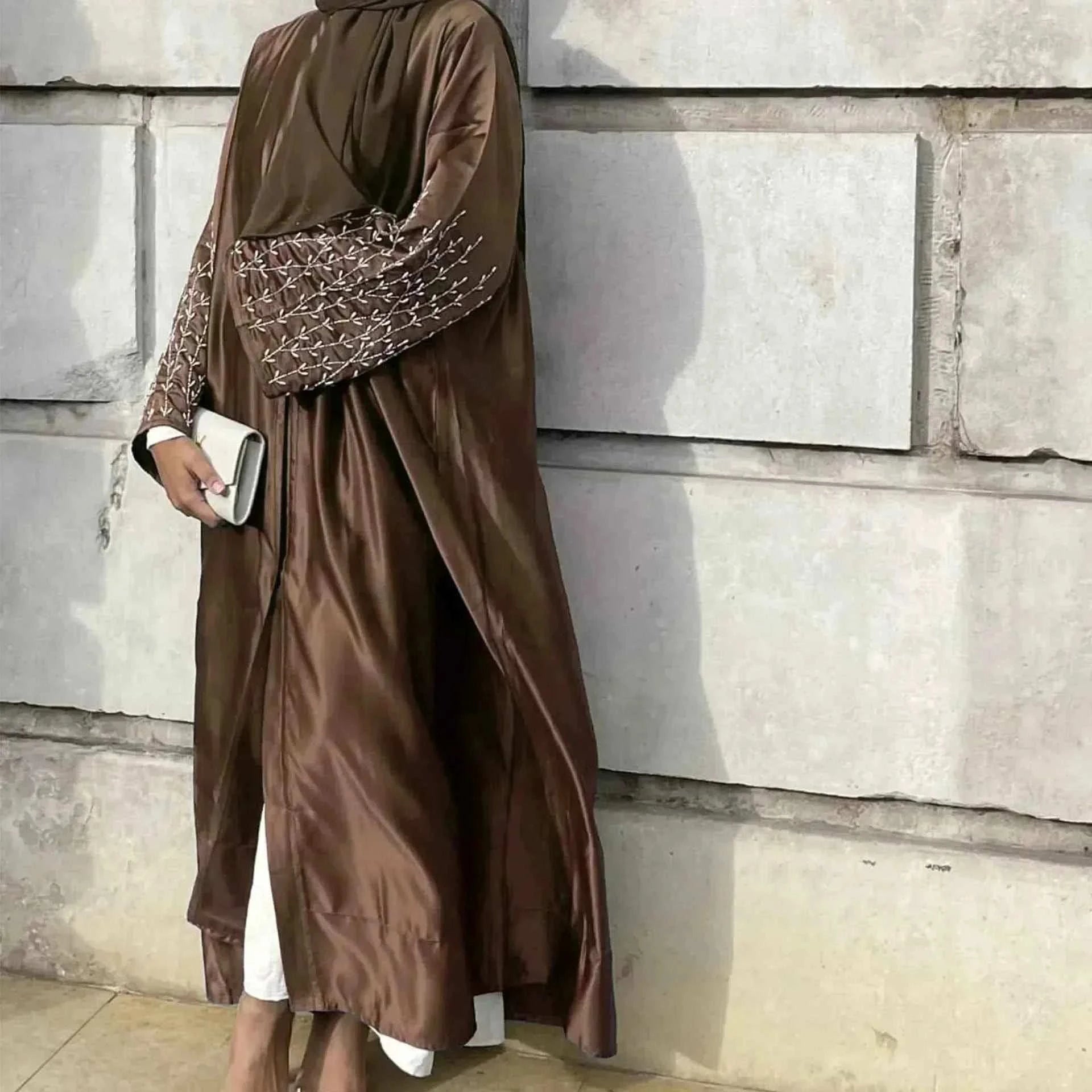 Handmade Beaded Abaya Cardigan – Luxury Satin Open Abaya -  Black with Hijab / XL -  Abaya Vida