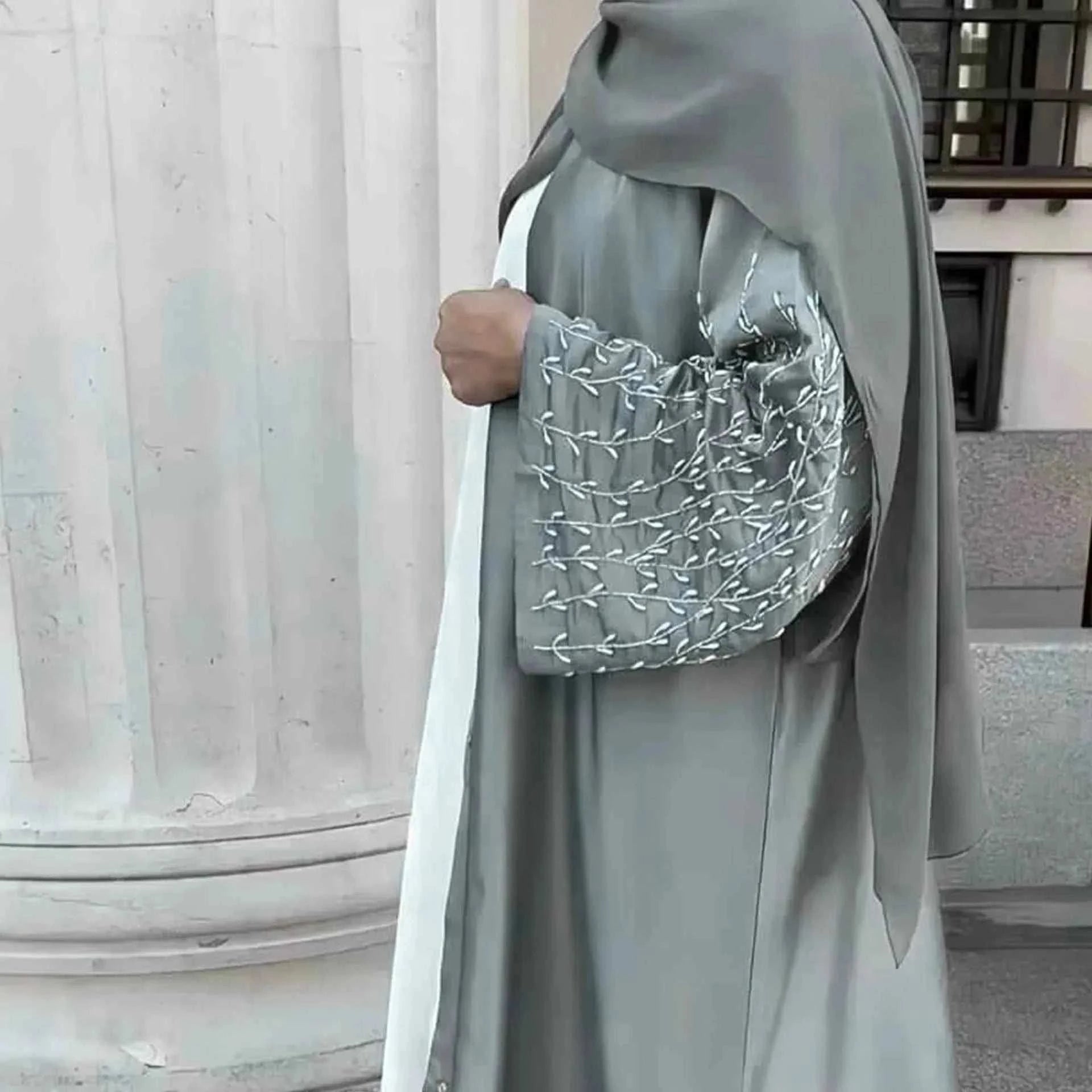 Handmade Beaded Abaya Cardigan – Luxury Satin Open Abaya -  Black with Hijab / XL -  Abaya Vida