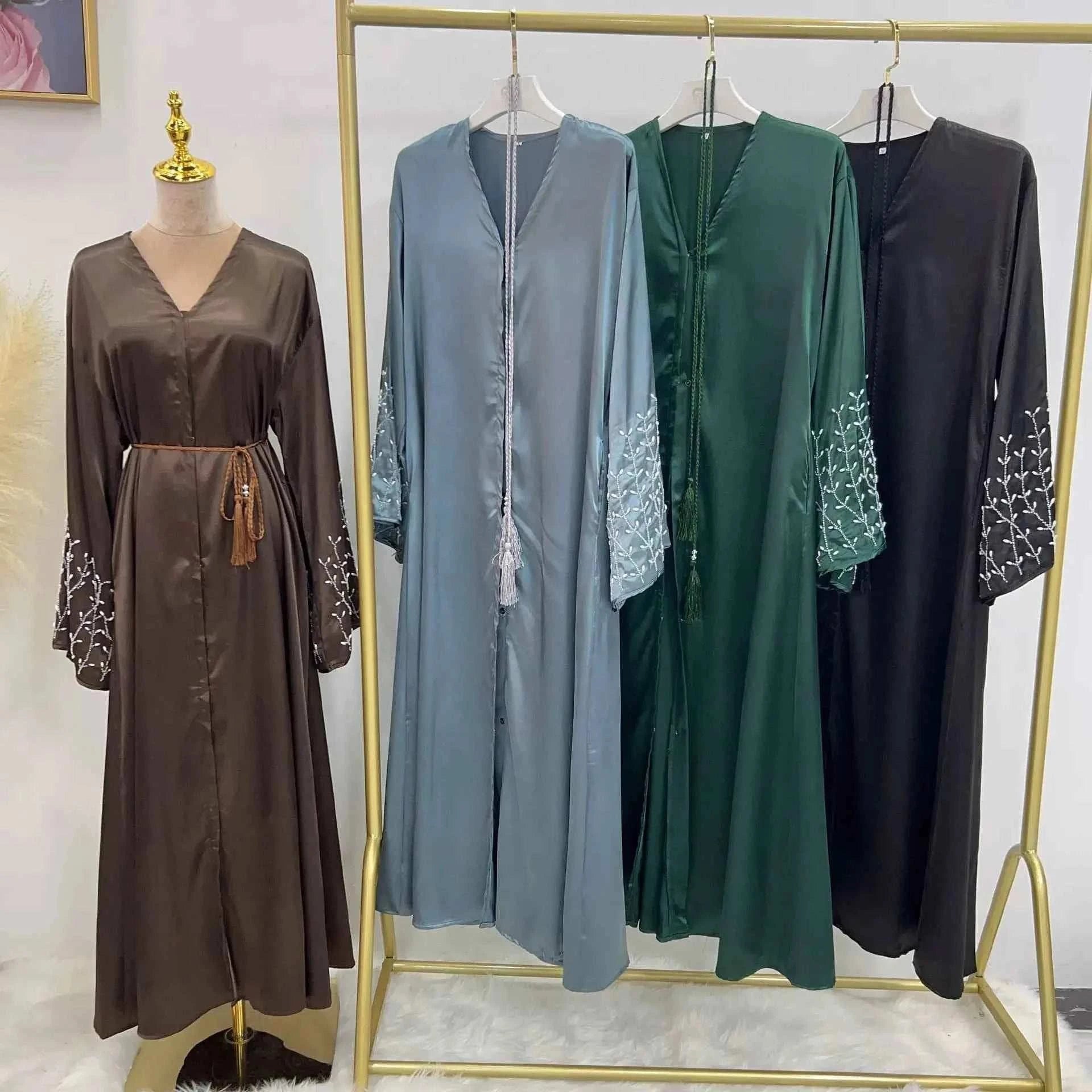 Handmade Beaded Abaya Cardigan – Luxury Satin Open Abaya -  Black with Hijab / XL -  Abaya Vida