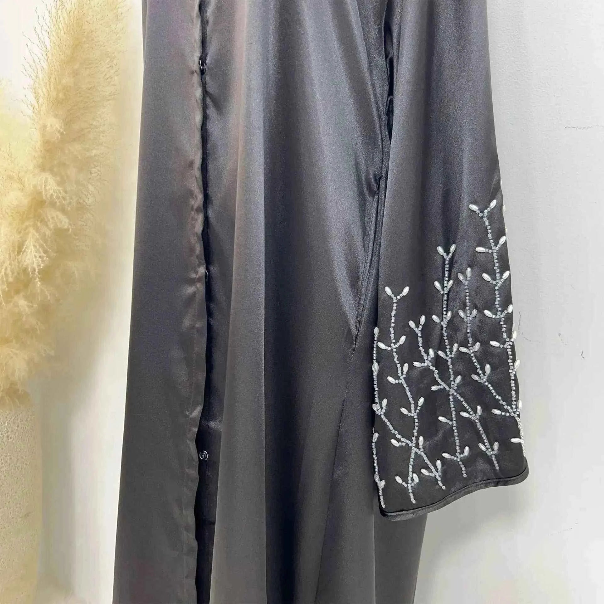 Handmade Beaded Abaya Cardigan – Luxury Satin Open Abaya -  Black with Hijab / XL -  Abaya Vida