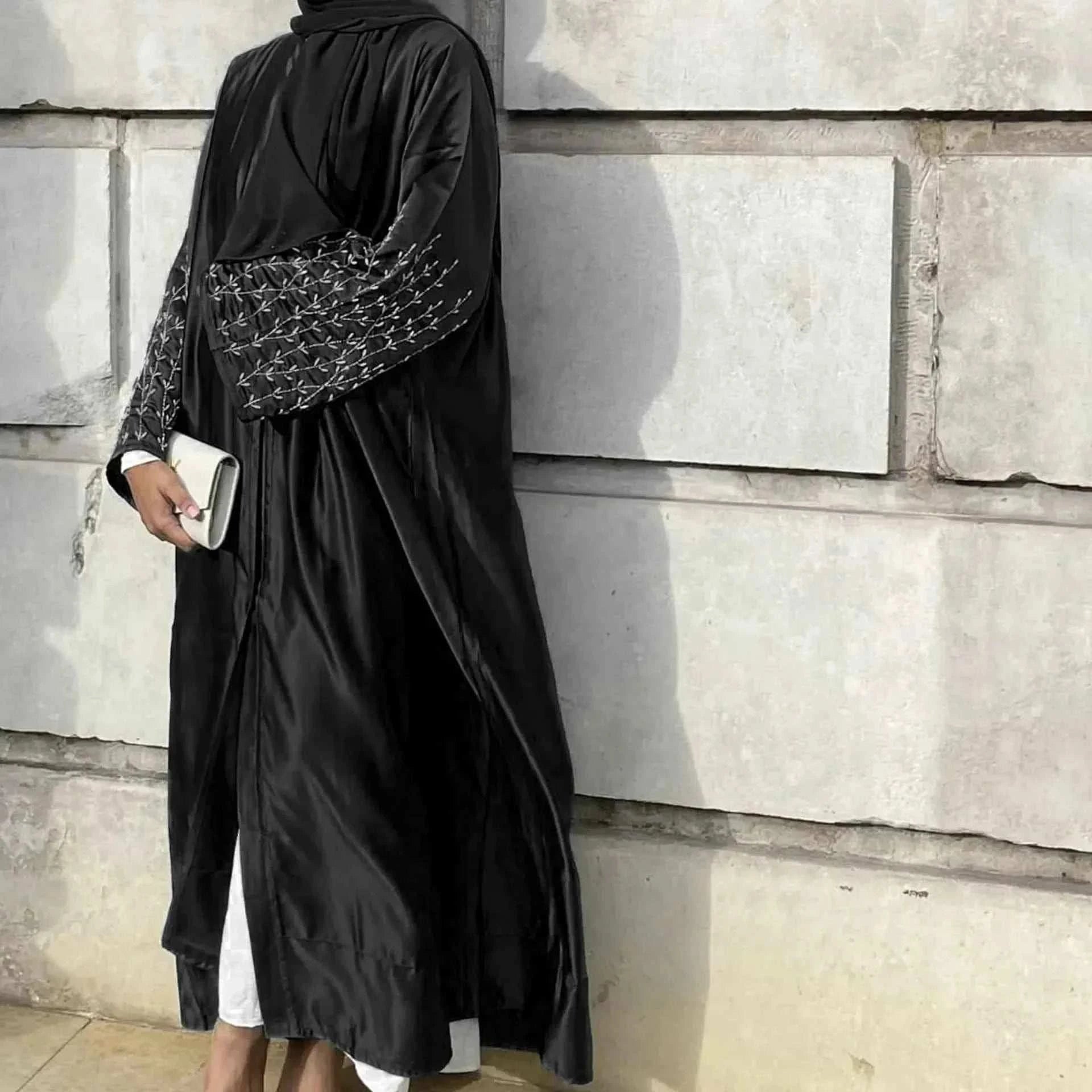Handmade Beaded Abaya Cardigan – Luxury Satin Open Abaya -  Black with Hijab / XL -  Abaya Vida