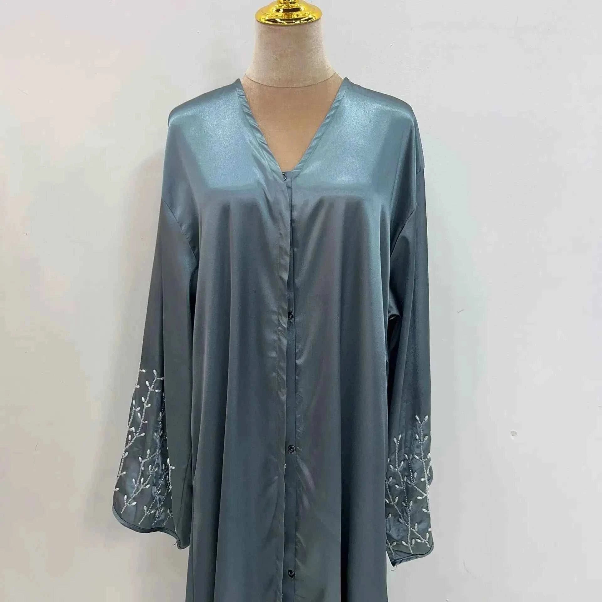 Handmade Beaded Abaya Cardigan – Luxury Satin Open Abaya -  Black with Hijab / XL -  Abaya Vida