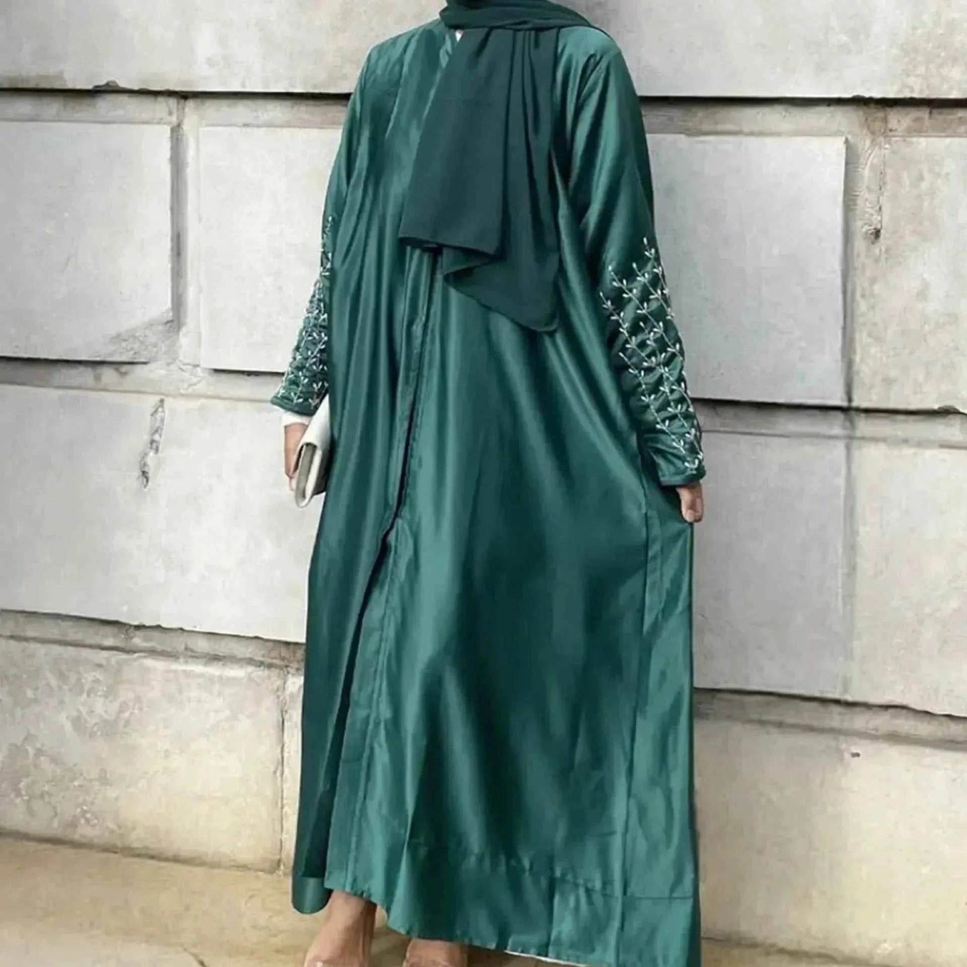 Handmade Beaded Abaya Cardigan – Luxury Satin Open Abaya -  Black with Hijab / XL -  Abaya Vida