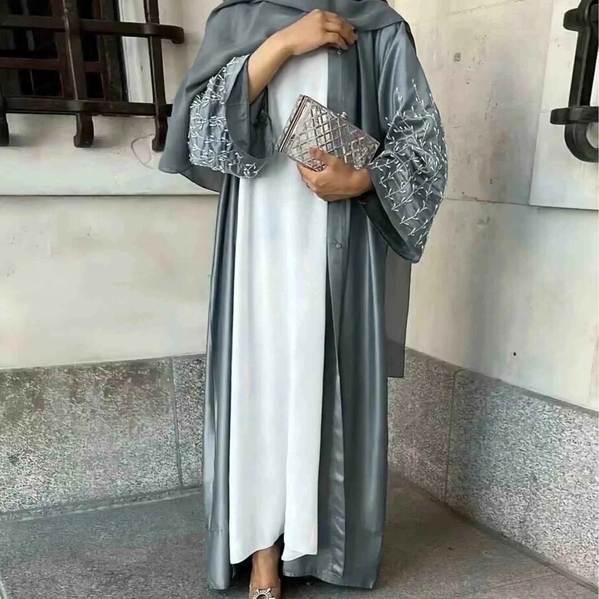 Handmade Beaded Abaya Cardigan – Luxury Satin Open Abaya -  Black with Hijab / XL -  Abaya Vida
