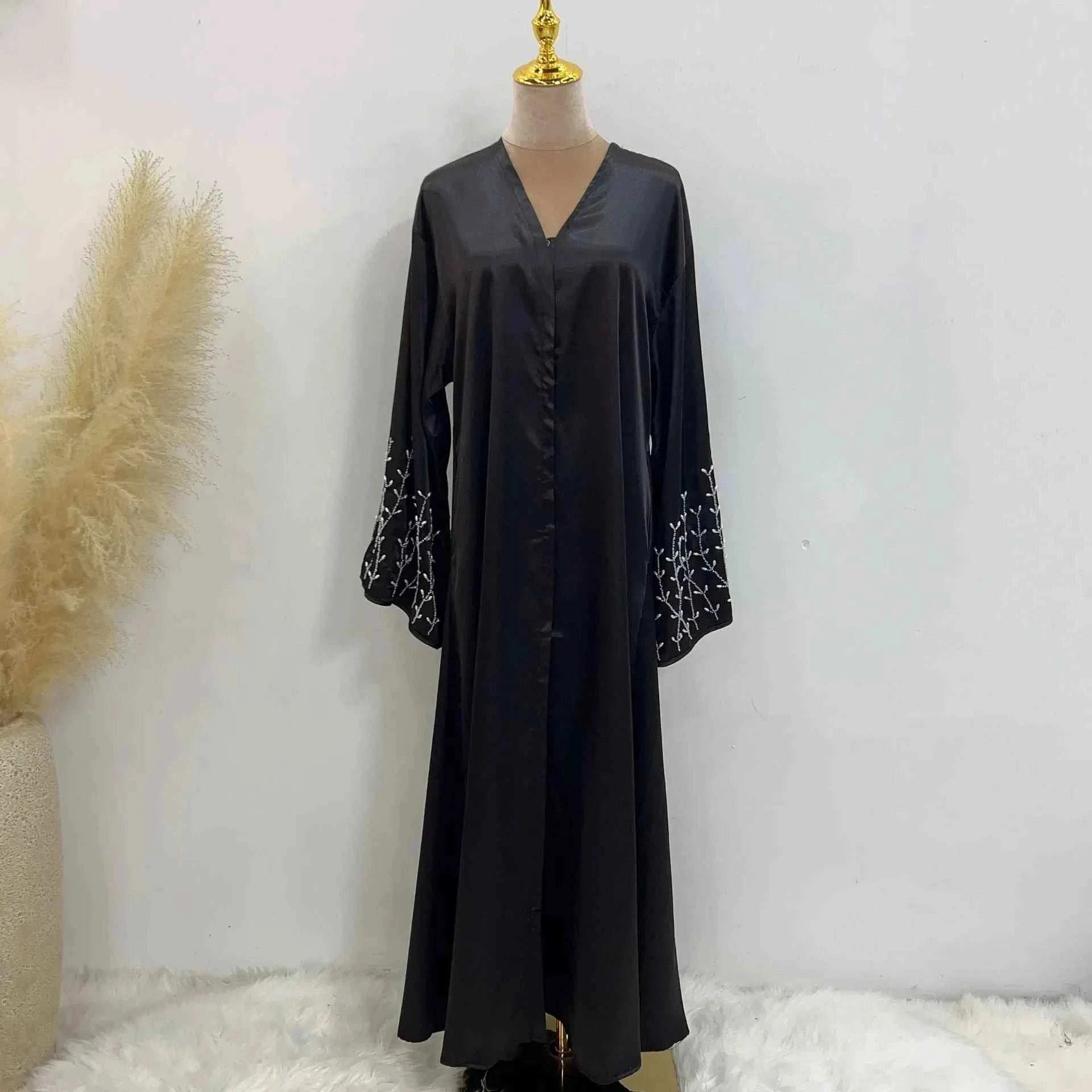 Handmade Beaded Abaya Cardigan – Luxury Satin Open Abaya -  Black with Hijab / XL -  Abaya Vida