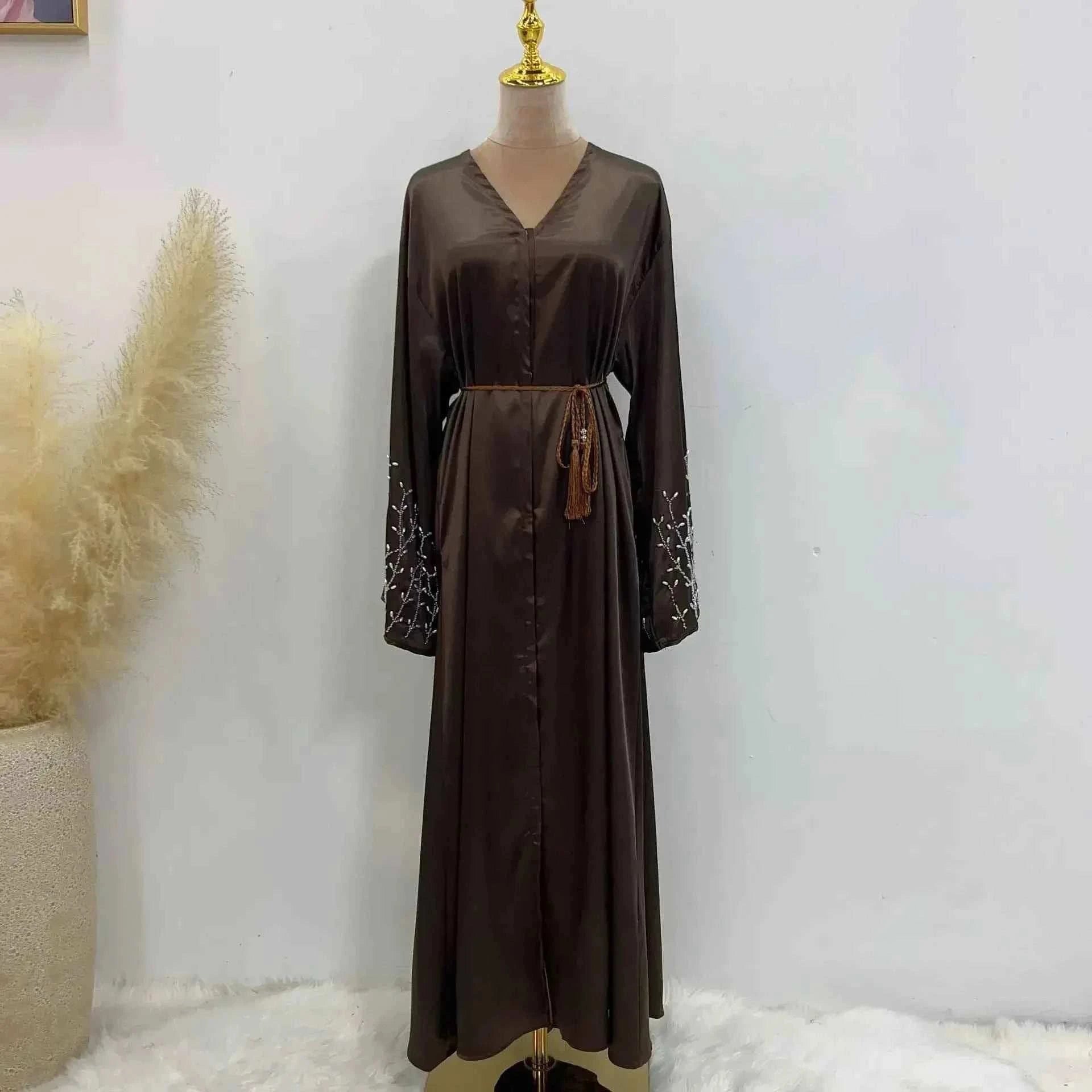 Handmade Beaded Abaya Cardigan – Luxury Satin Open Abaya -  Black with Hijab / XL -  Abaya Vida