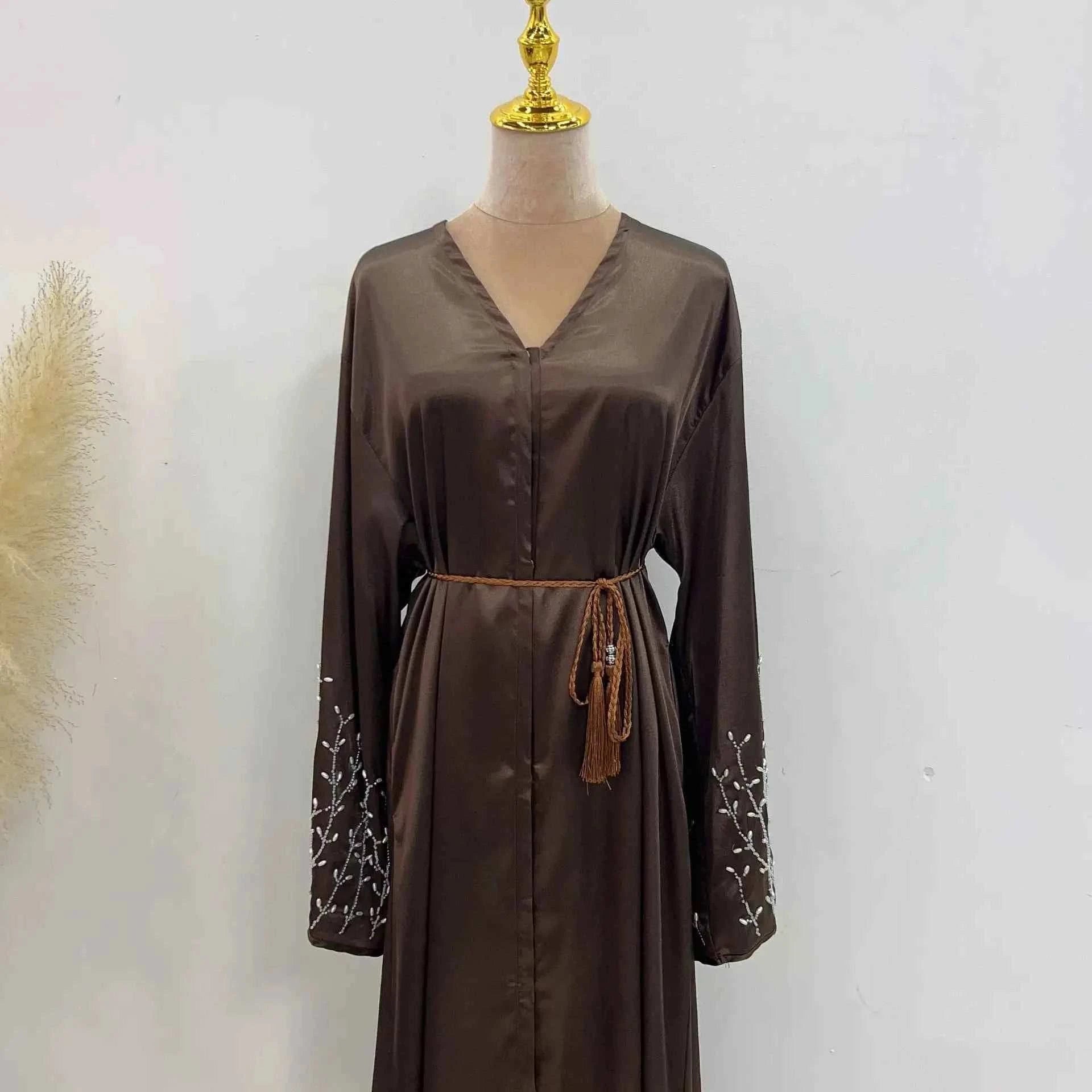 Handmade Beaded Abaya Cardigan – Luxury Satin Open Abaya -  Black with Hijab / XL -  Abaya Vida