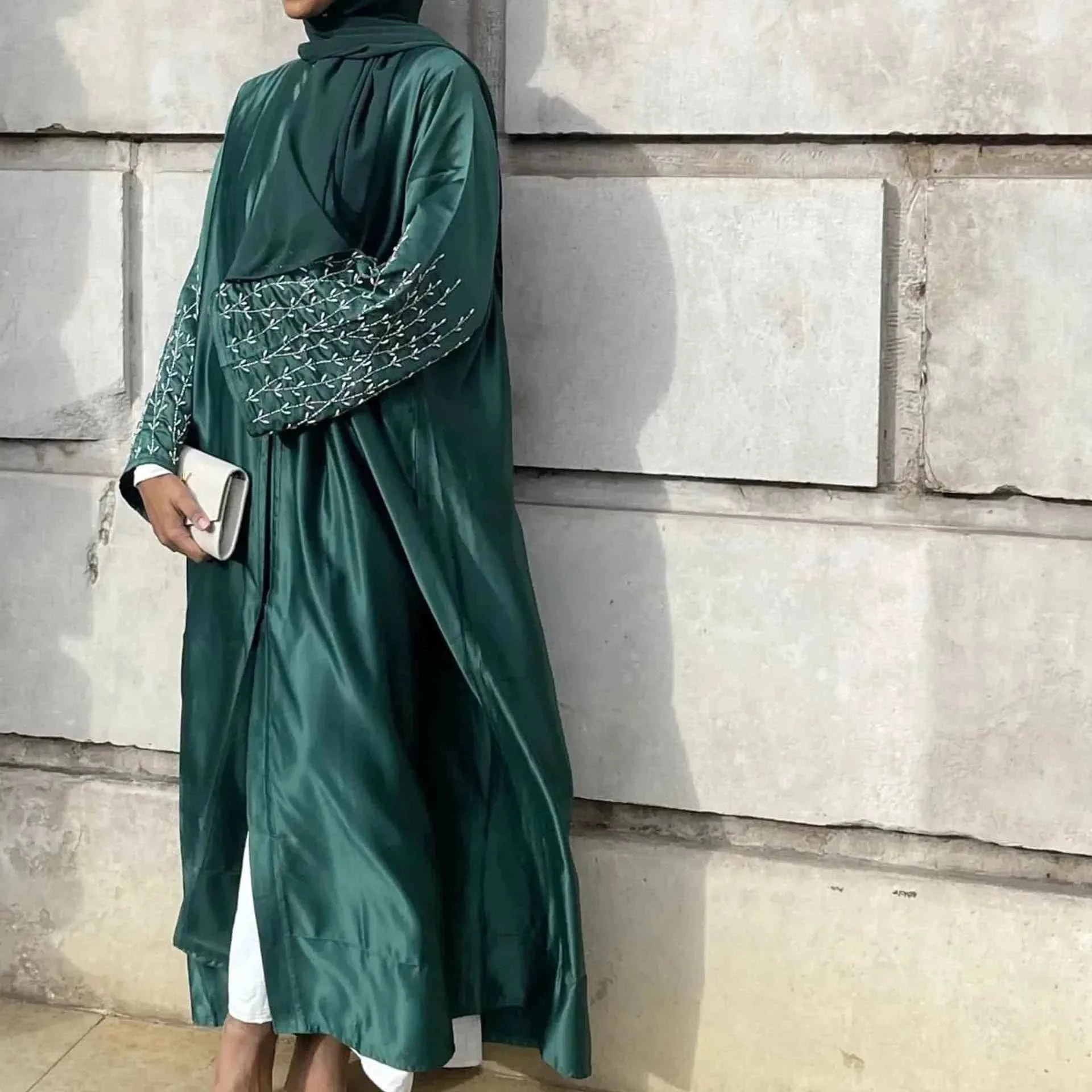 Handmade Beaded Abaya Cardigan – Luxury Satin Open Abaya -  Black with Hijab / XL -  Abaya Vida