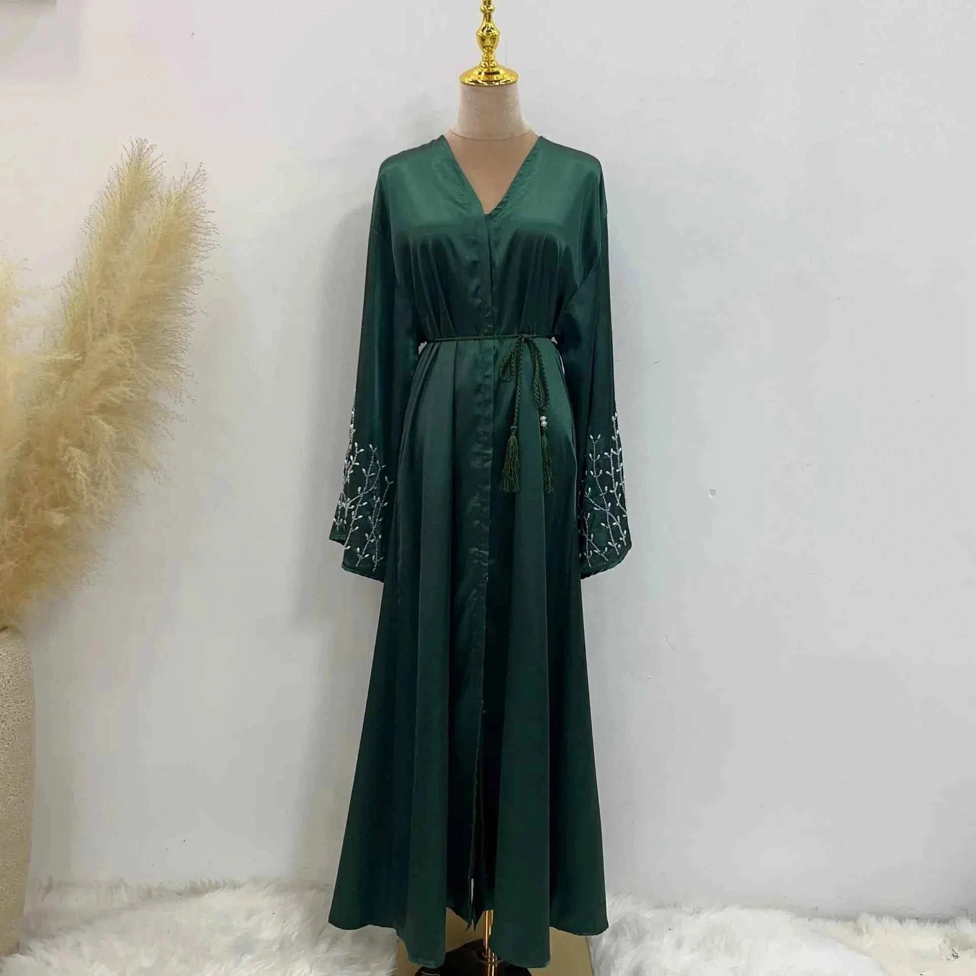 Handmade Beaded Abaya Cardigan – Luxury Satin Open Abaya -  Black with Hijab / XL -  Abaya Vida