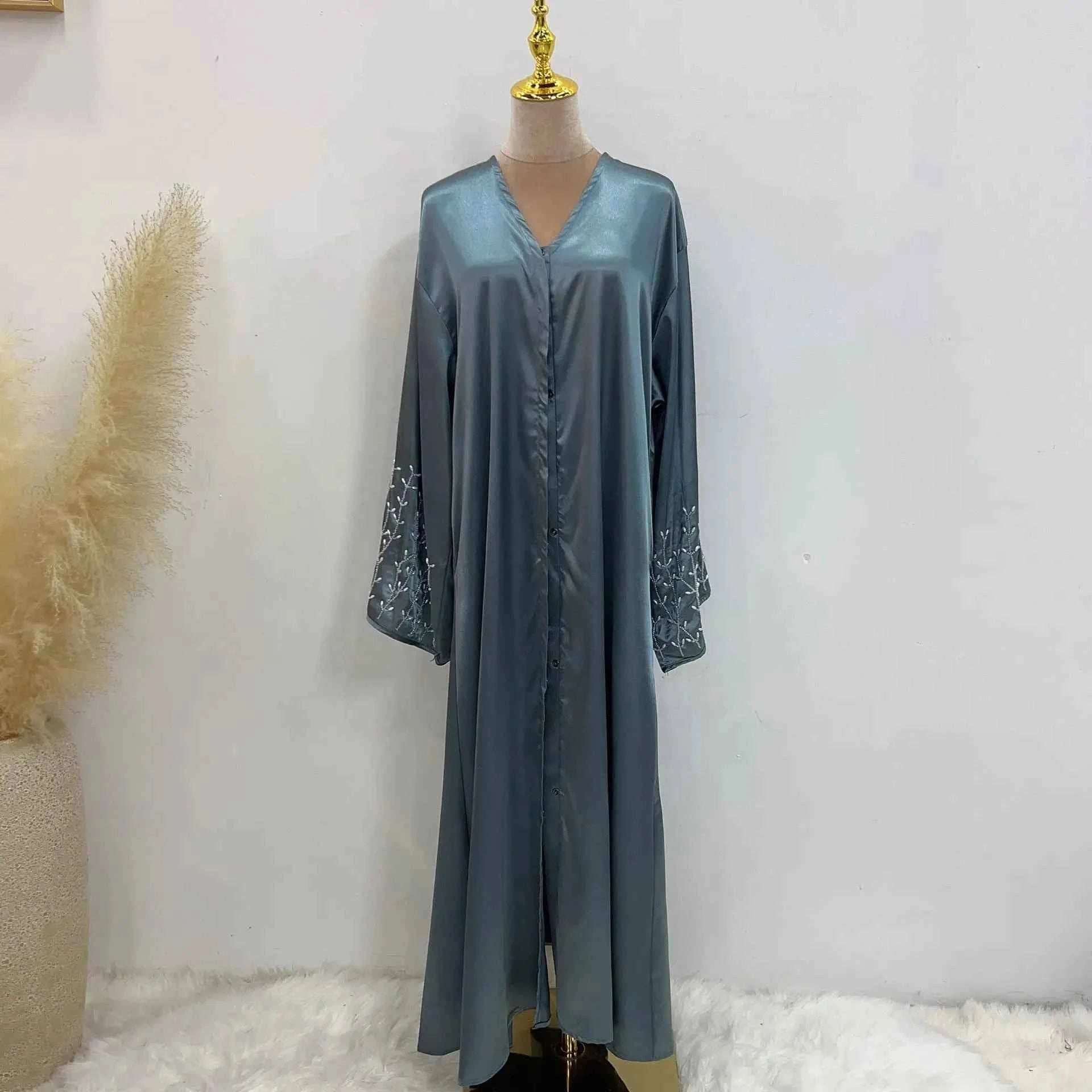 Handmade Beaded Abaya Cardigan – Luxury Satin Open Abaya -  Black with Hijab / XL -  Abaya Vida