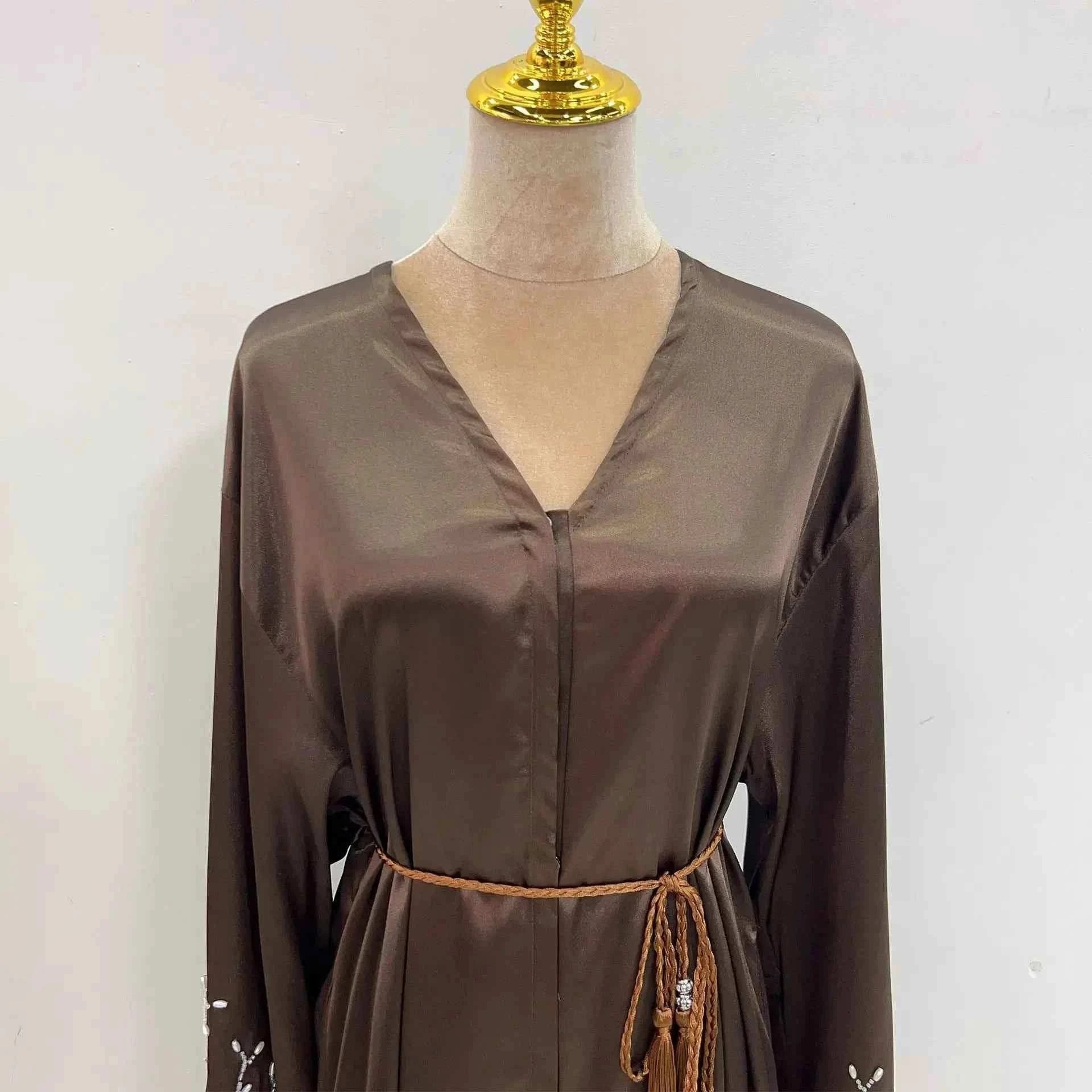 Handmade Beaded Abaya Cardigan – Luxury Satin Open Abaya -  Black with Hijab / XL -  Abaya Vida
