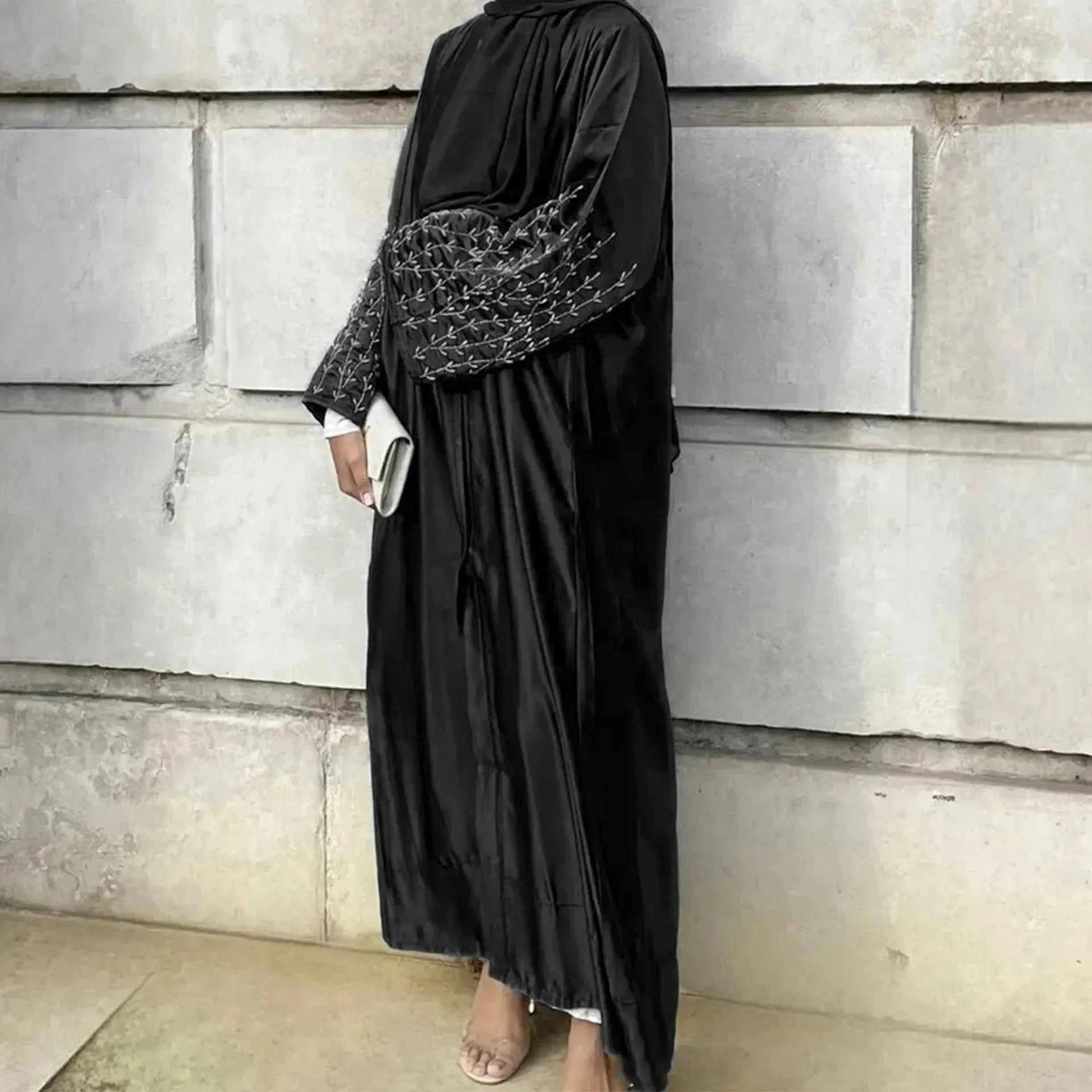 Handmade Beaded Abaya Cardigan – Luxury Satin Open Abaya -  Black with Hijab / XL -  Abaya Vida