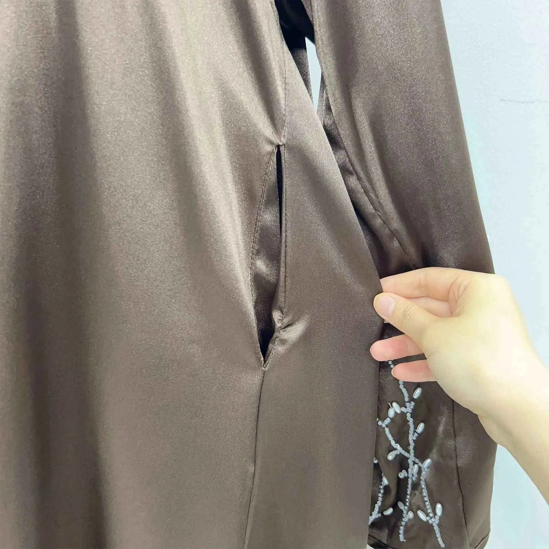 Handmade Beaded Abaya Cardigan – Luxury Satin Open Abaya -  Black with Hijab / XL -  Abaya Vida