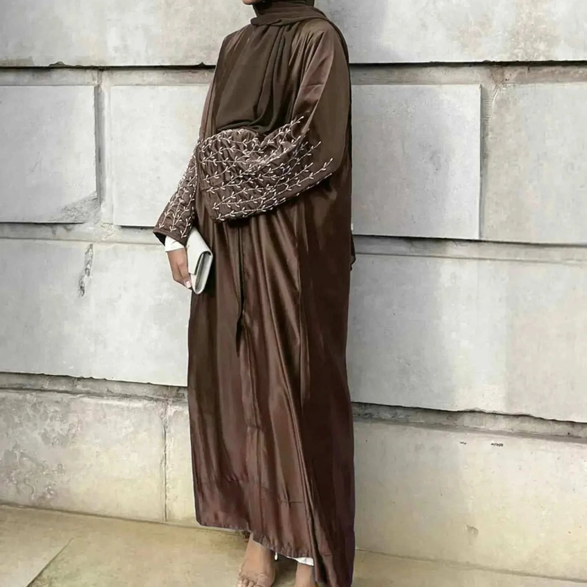 Handmade Beaded Abaya Cardigan – Luxury Satin Open Abaya -  Black with Hijab / XL -  Abaya Vida