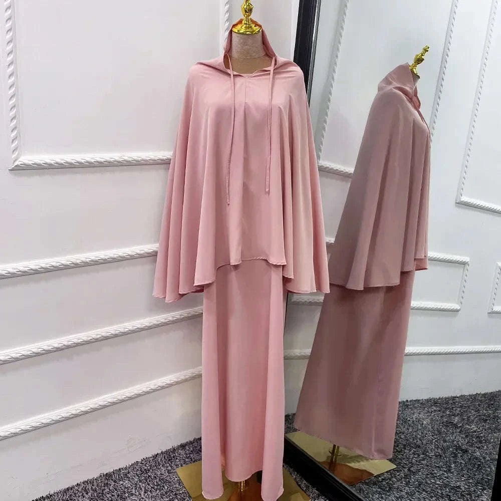 Hooded Two-Piece Prayer Dress Set – Maxi Abaya with Built-In Hood -  Pink / XS/S -  Abaya Vida