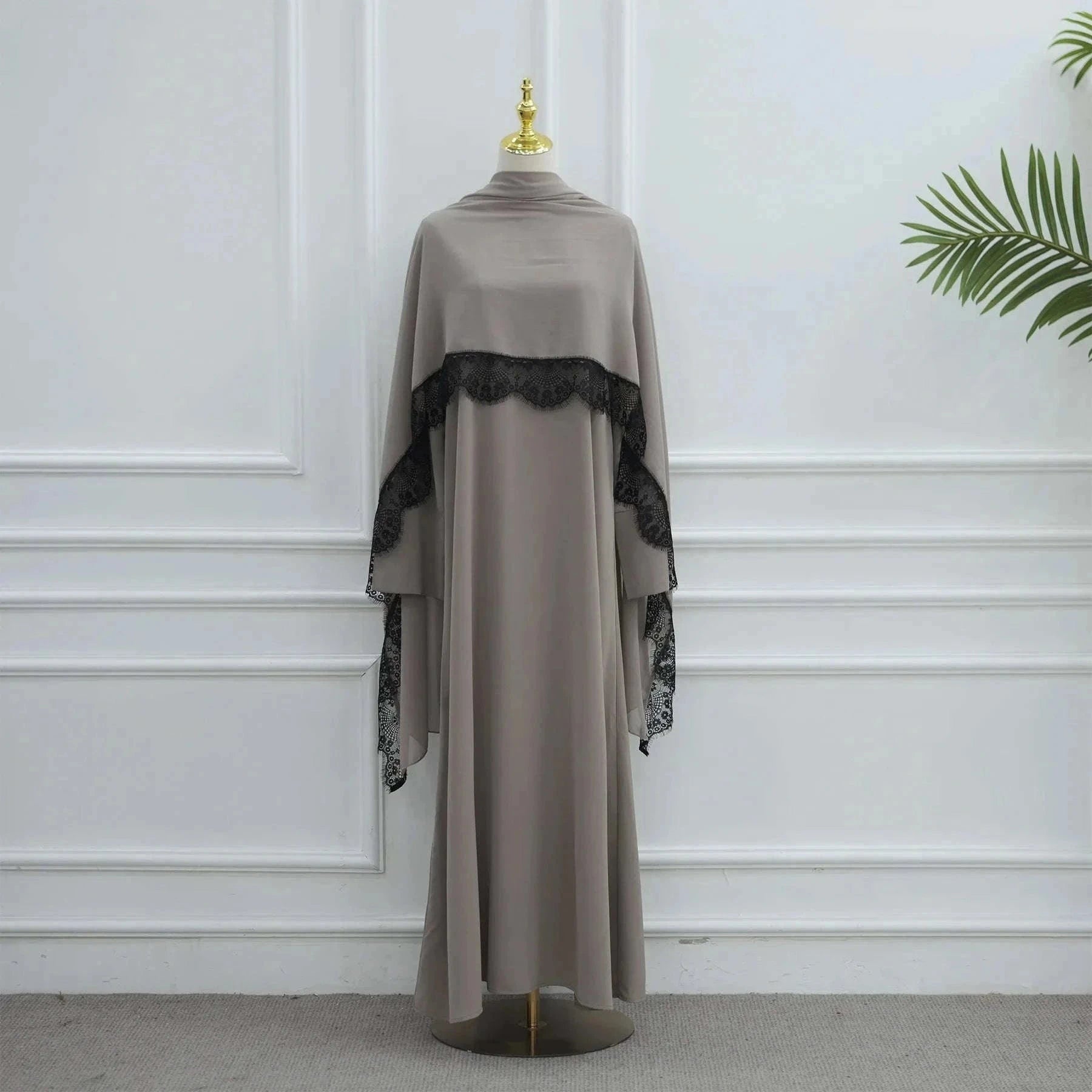 Lace Hijab Dress Suit – Elegant Closed Front Abaya -  Khaki / S -  Abaya Vida