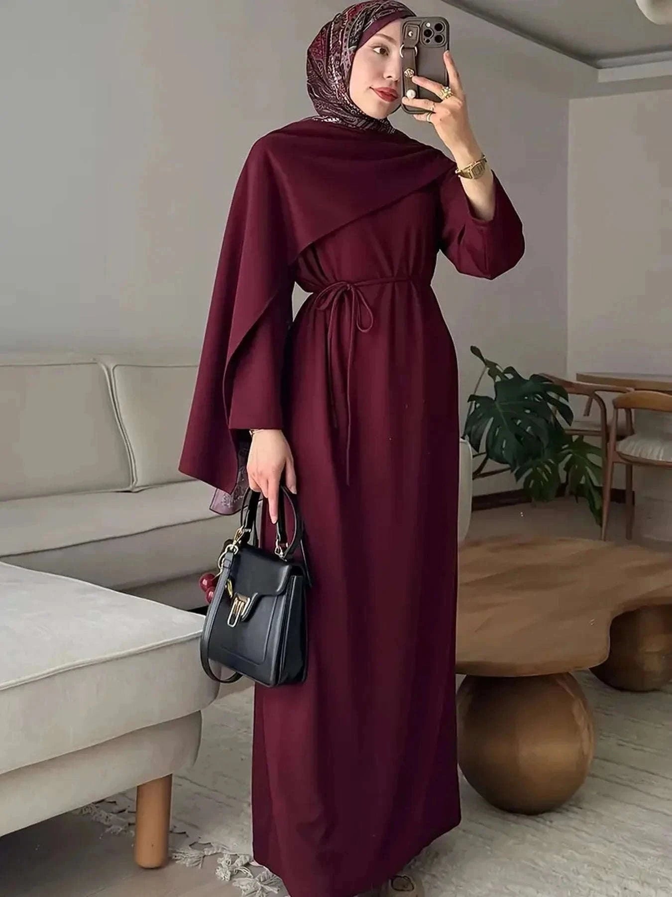 Lace-Up Solid Colour Abaya Dress – Elegant Long Sleeve Robe -  XS -  Abaya Vida
