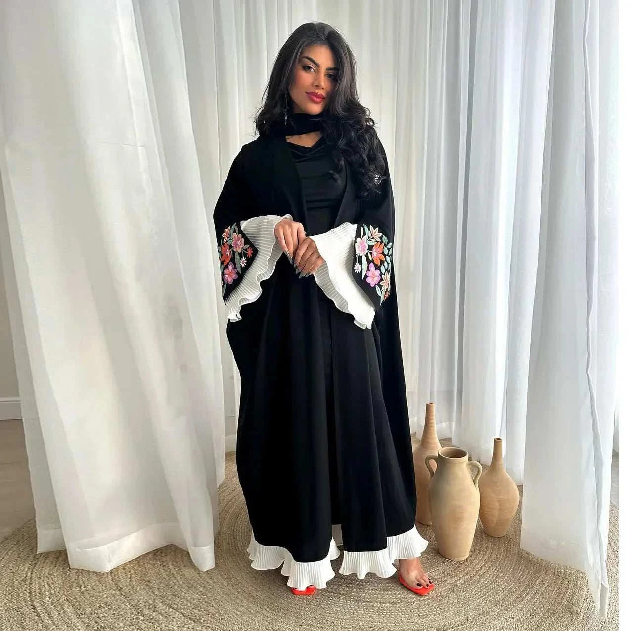 Layali Embroidered Abaya – Flared Sleeve Black Closed Abaya -  Default Title -  Abaya Vida