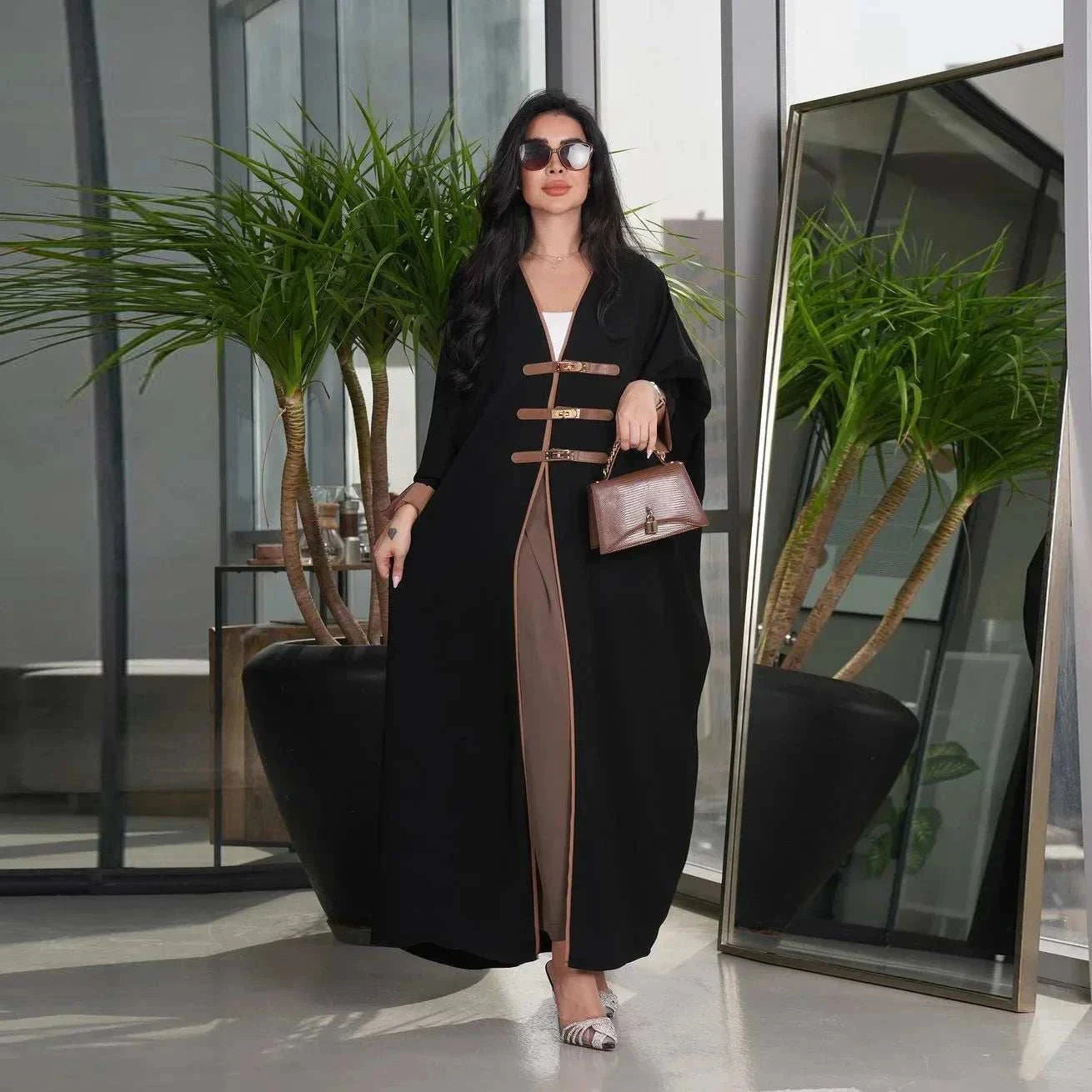 Leather Buckle Kimono Abaya – Dubai Style Open Abaya -  Black -  Abaya Vida