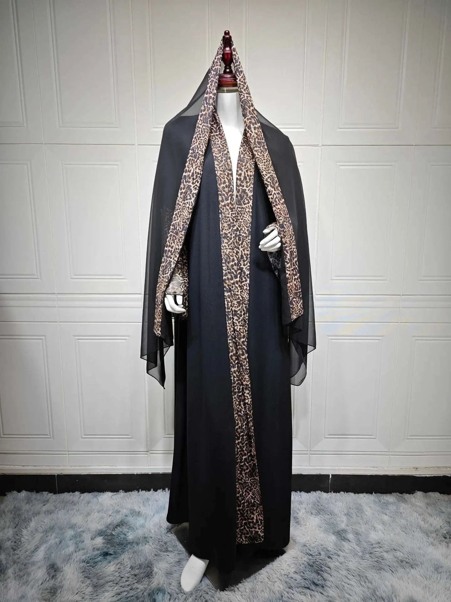 Leopard Trim Chiffon Abaya Set with Hijab – Open Front Kaftan -  S -  Abaya Vida