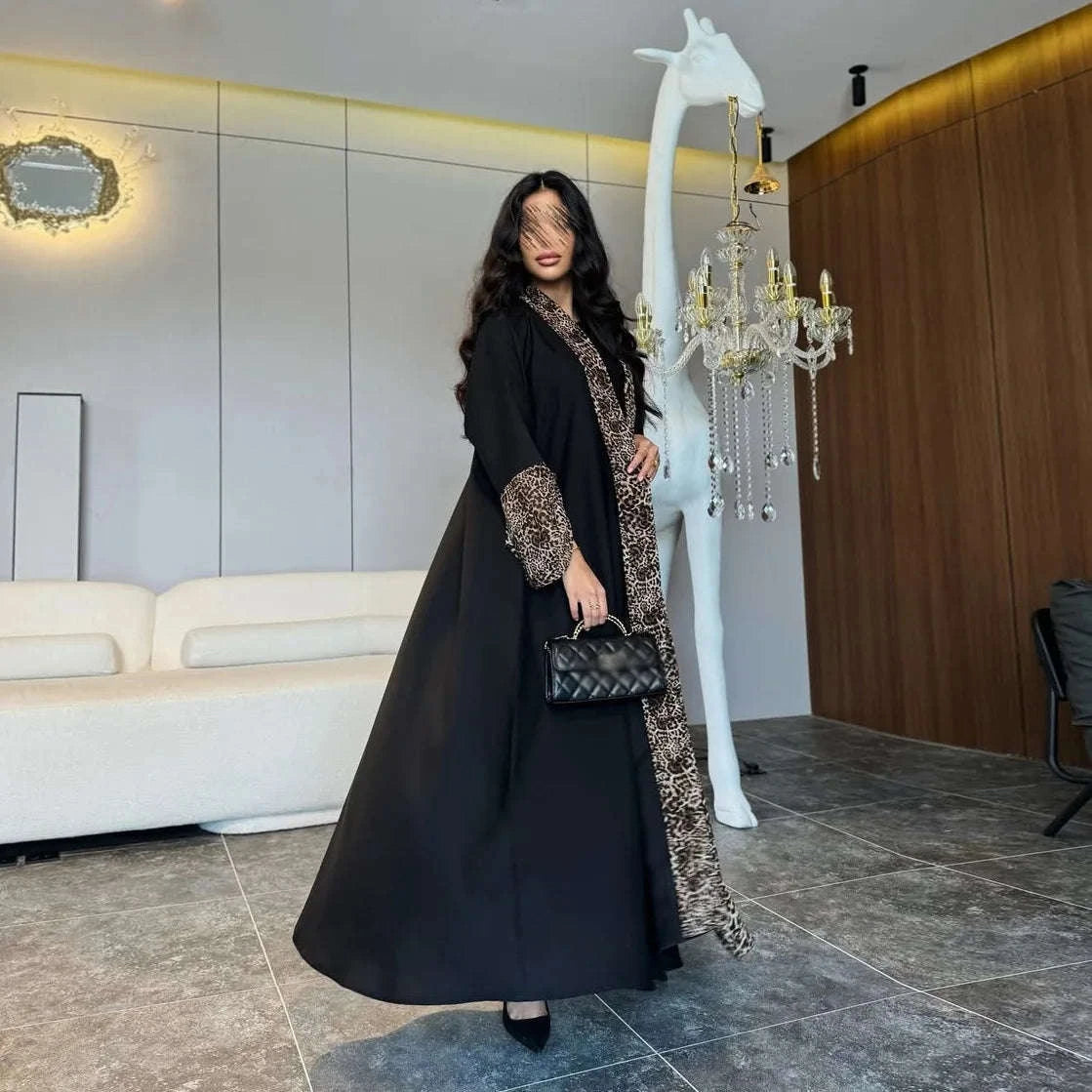 Leopard Trim Chiffon Abaya Set with Hijab – Open Front Kaftan -  S -  Abaya Vida