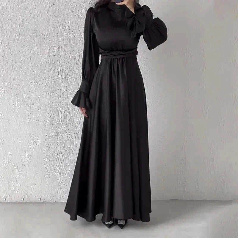 Lotus Charm Belted Abaya – A-Line Sash Belt Modest Abaya 8 Colours -  Green / S -  Abaya Vida