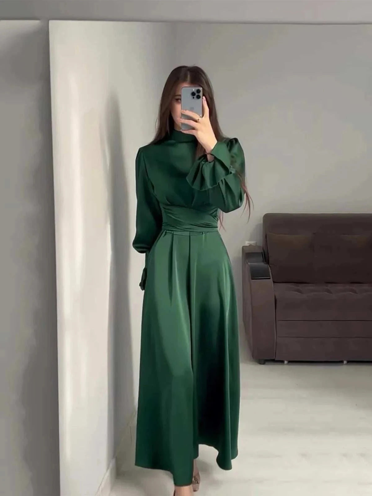Lotus Charm Belted Abaya – A-Line Sash Belt Modest Abaya 8 Colours -  Green / S -  Abaya Vida