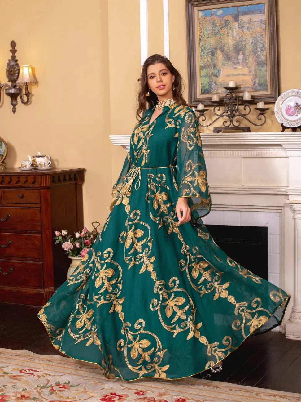 Luxe Embroidered Dubai Abaya – Open Butterfly Formal Abaya -  Green / S -  Abaya Vida