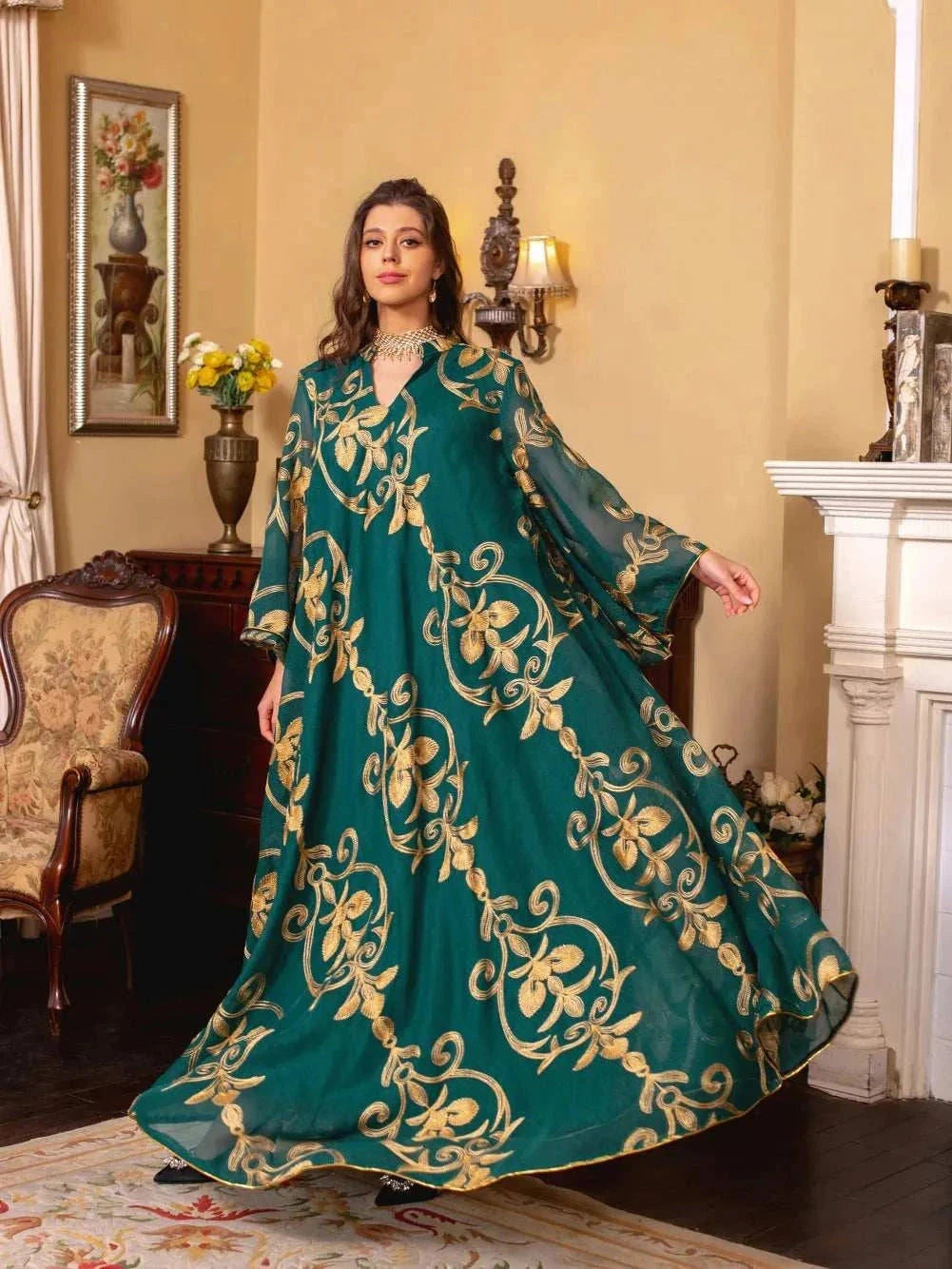 Luxe Embroidered Dubai Abaya – Open Butterfly Formal Abaya -  Green / S -  Abaya Vida