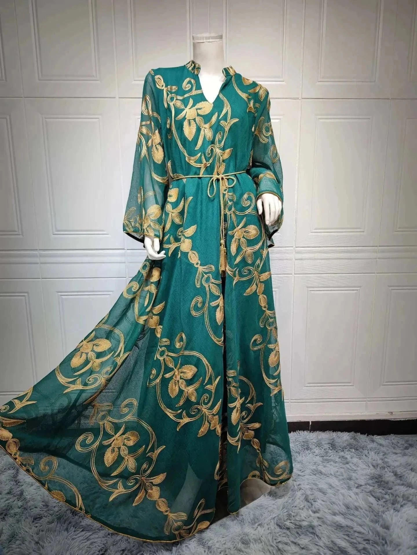 Luxe Embroidered Dubai Abaya – Open Butterfly Formal Abaya -  Green / S -  Abaya Vida