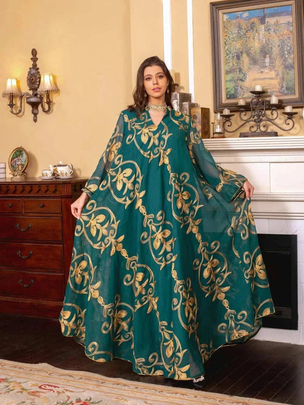 Luxe Embroidered Dubai Abaya – Open Butterfly Formal Abaya -  Green / S -  Abaya Vida