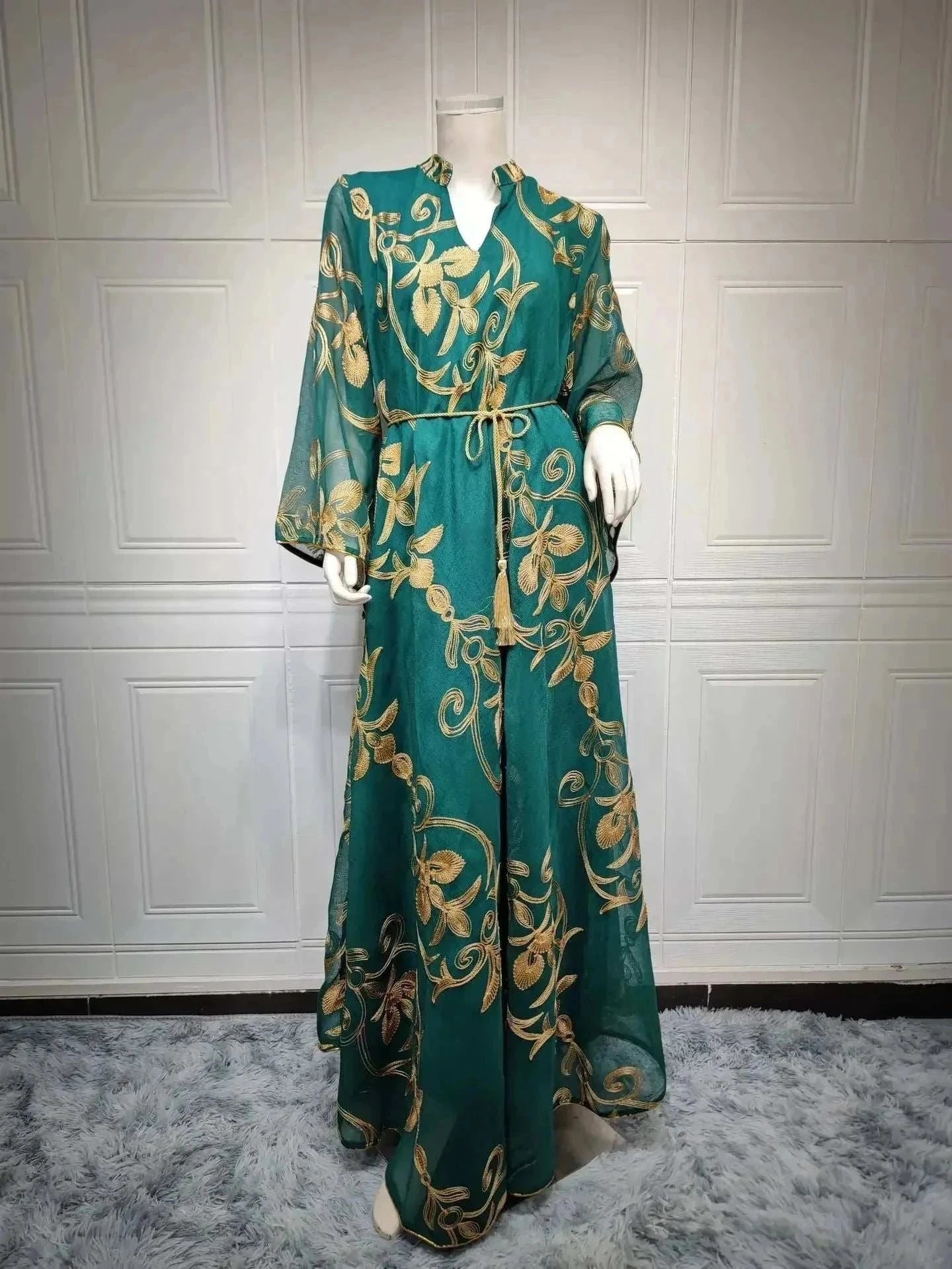 Luxe Embroidered Dubai Abaya – Open Butterfly Formal Abaya -  Green / S -  Abaya Vida