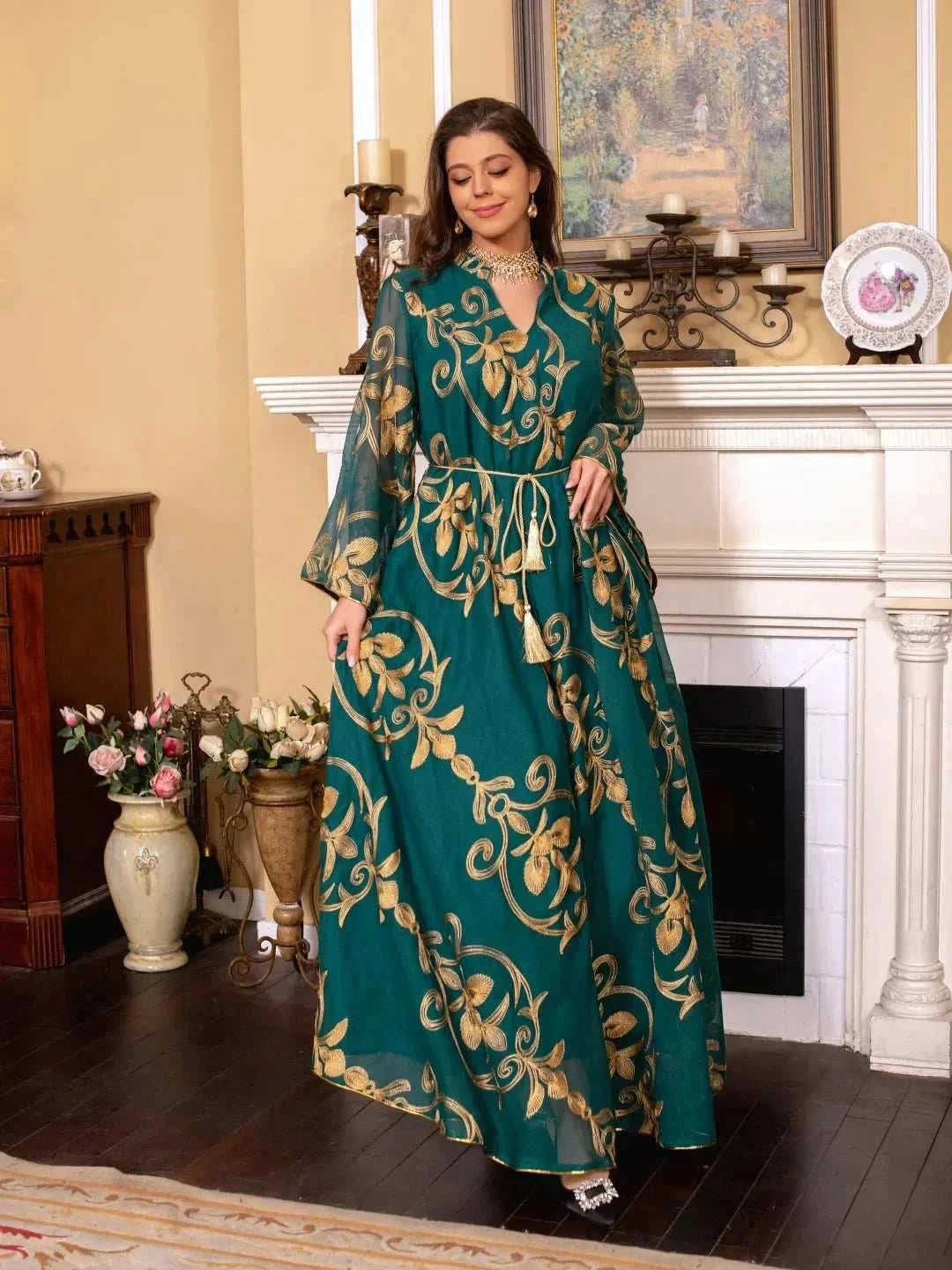 Luxe Embroidered Dubai Abaya – Open Butterfly Formal Abaya -  Green / S -  Abaya Vida