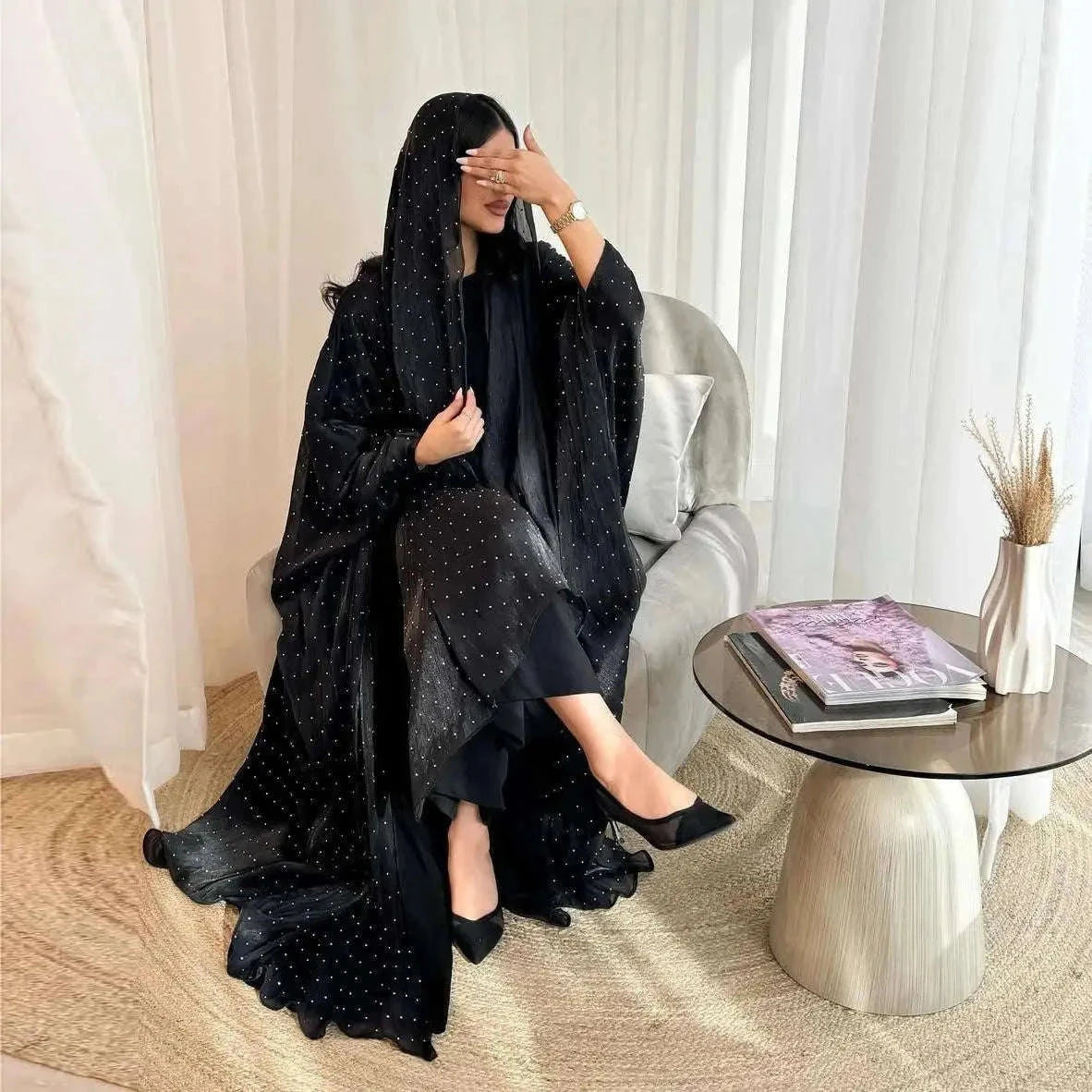 Luxurious Rhinestone Abaya Set with Headscarf – Draped Kaftan -  Default Title -  Abaya Vida