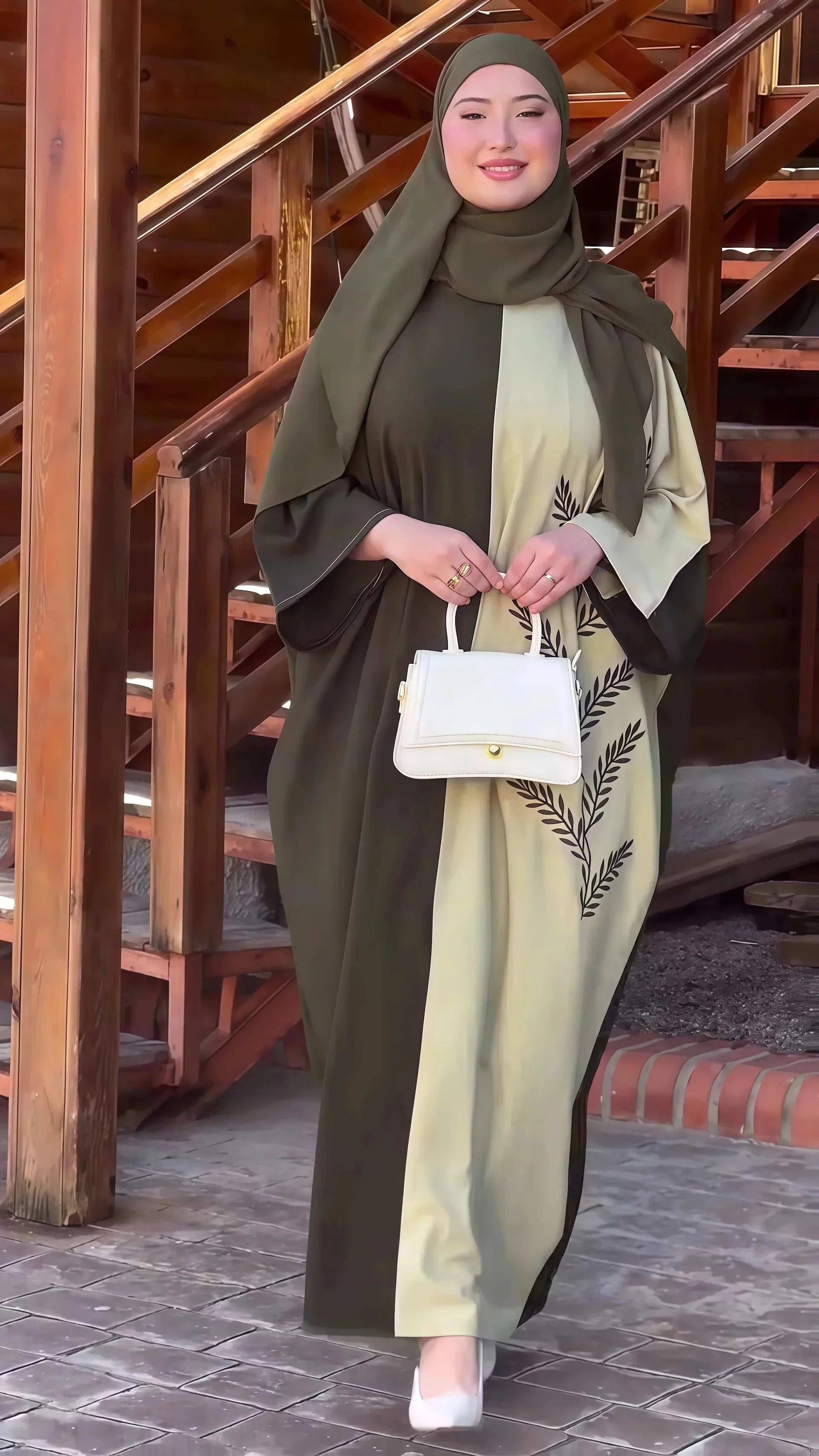 Luxury Olive Leaf Abaya – Two Tone Green Embroidered Maxi -  Default Title -  Abaya Vida