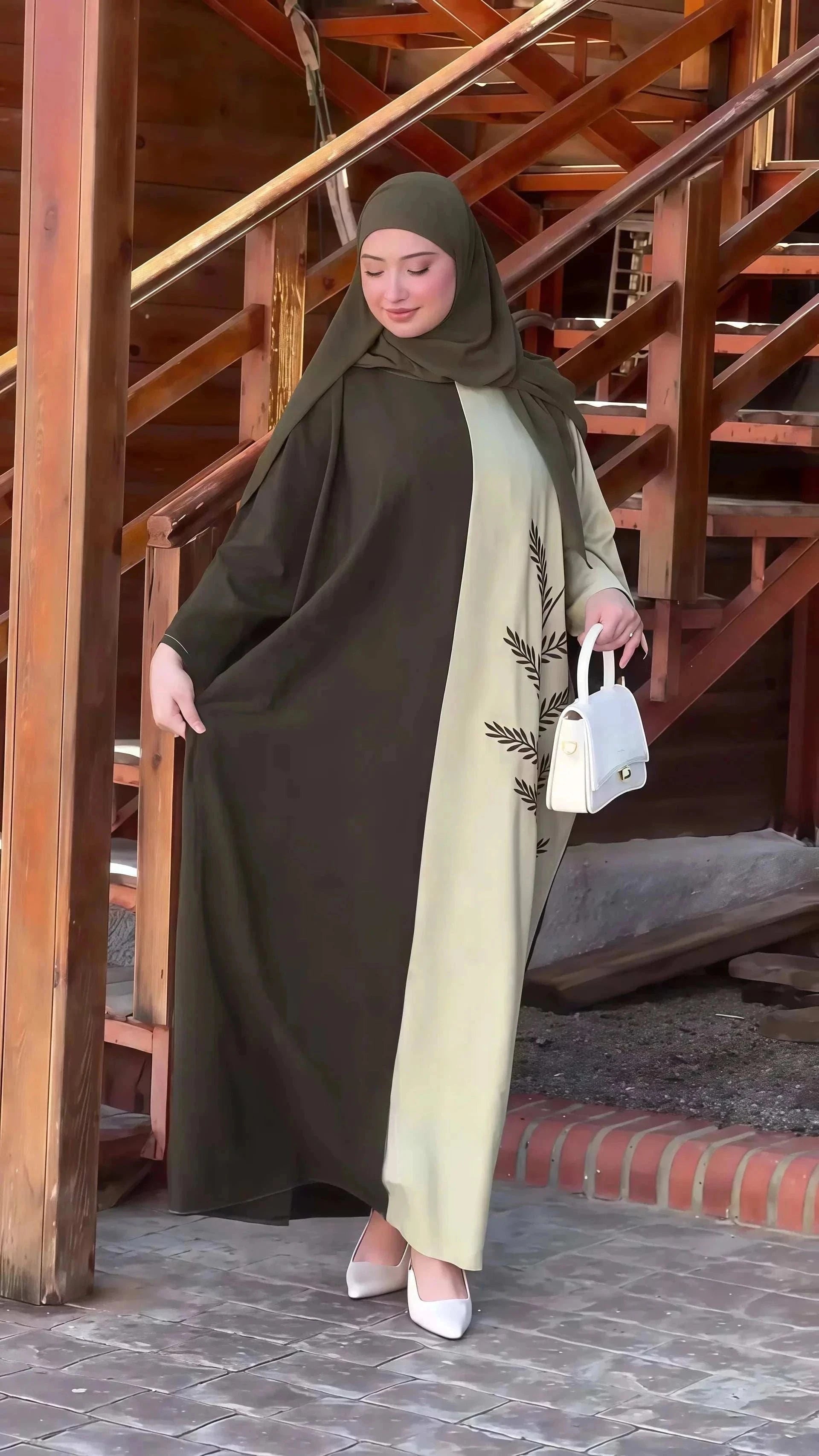 Luxury Olive Leaf Abaya – Two Tone Green Embroidered Maxi -  Default Title -  Abaya Vida