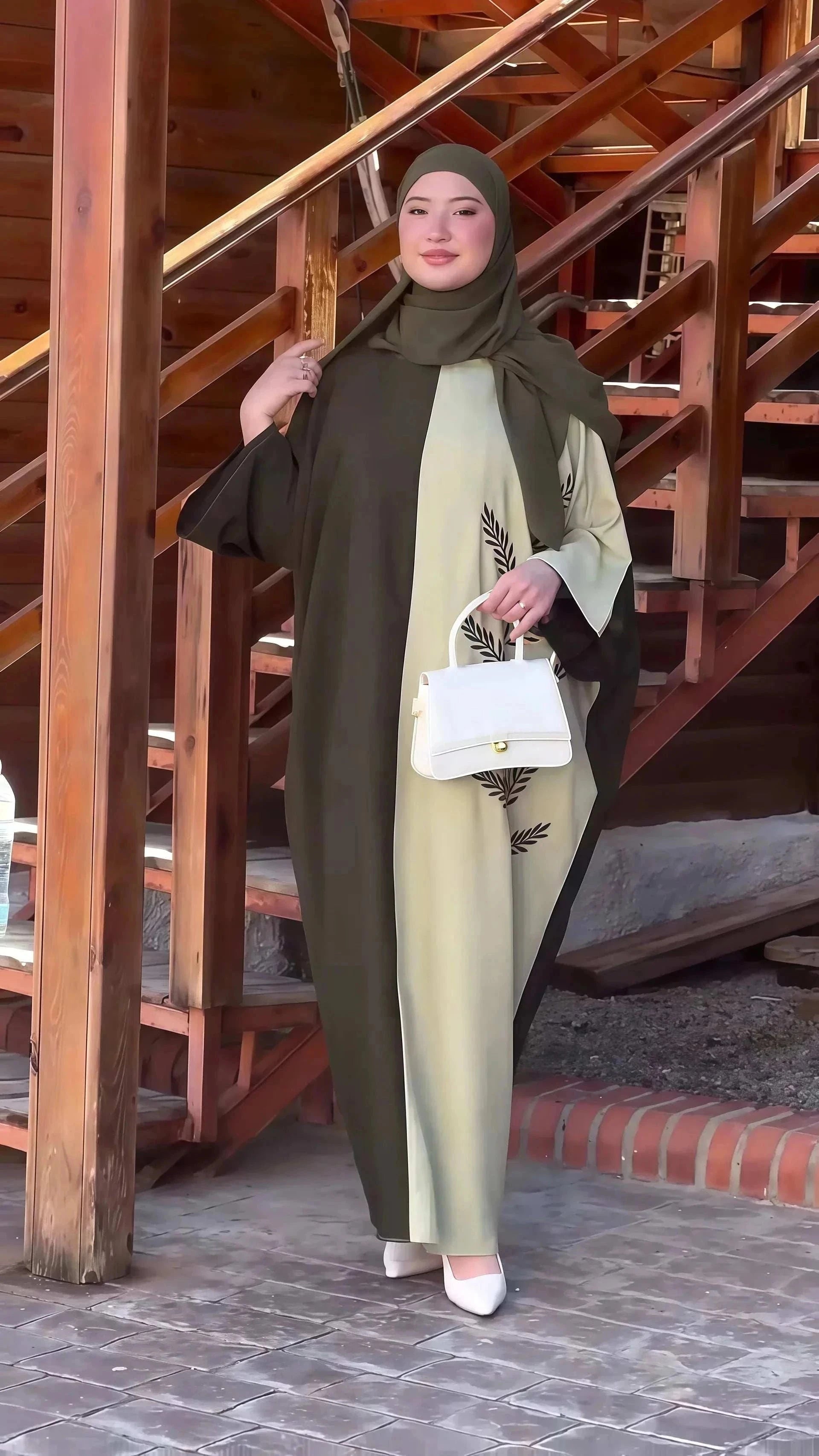 Luxury Olive Leaf Abaya – Two Tone Green Embroidered Maxi -  Default Title -  Abaya Vida