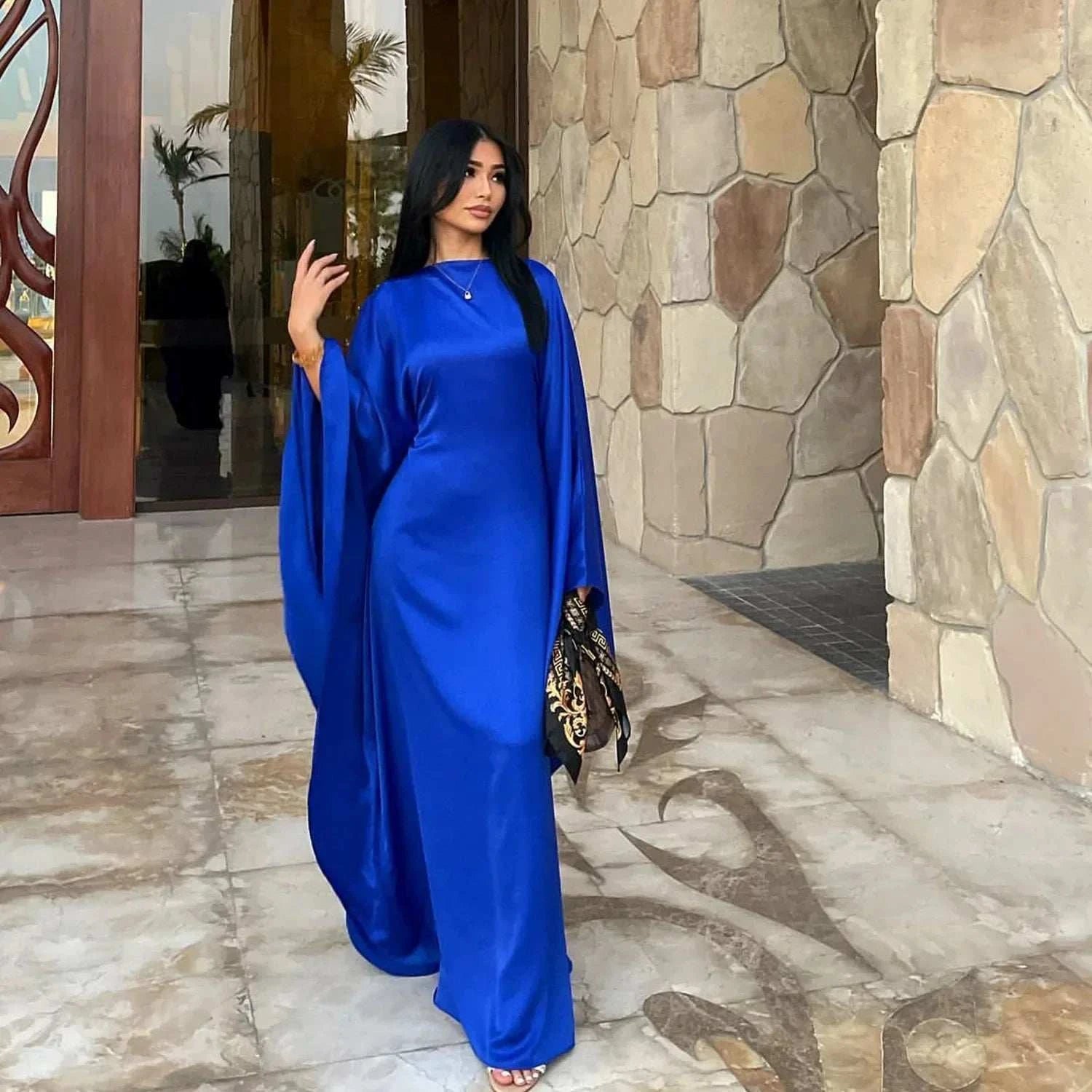 Luxury Satin Cloak Abaya – Rhinestone Evening Maxi Dress -  Blue -  Abaya Vida