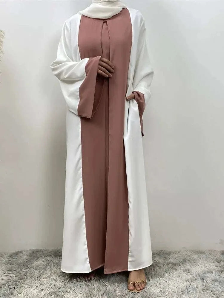 Luxury Splicing Faux Two-Piece Abaya – Zip Front Colour-Block Robe -  White Pink Dress / S -  Abaya Vida